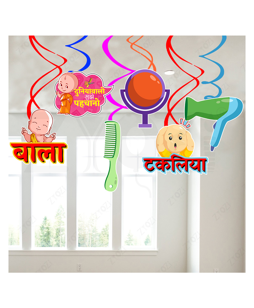 Zyozi Multicolor Hindi Mundan Theme Hanging Swirls, Baby's First Hair Cut Decorations Kit (Pack Of 6)-picture-6