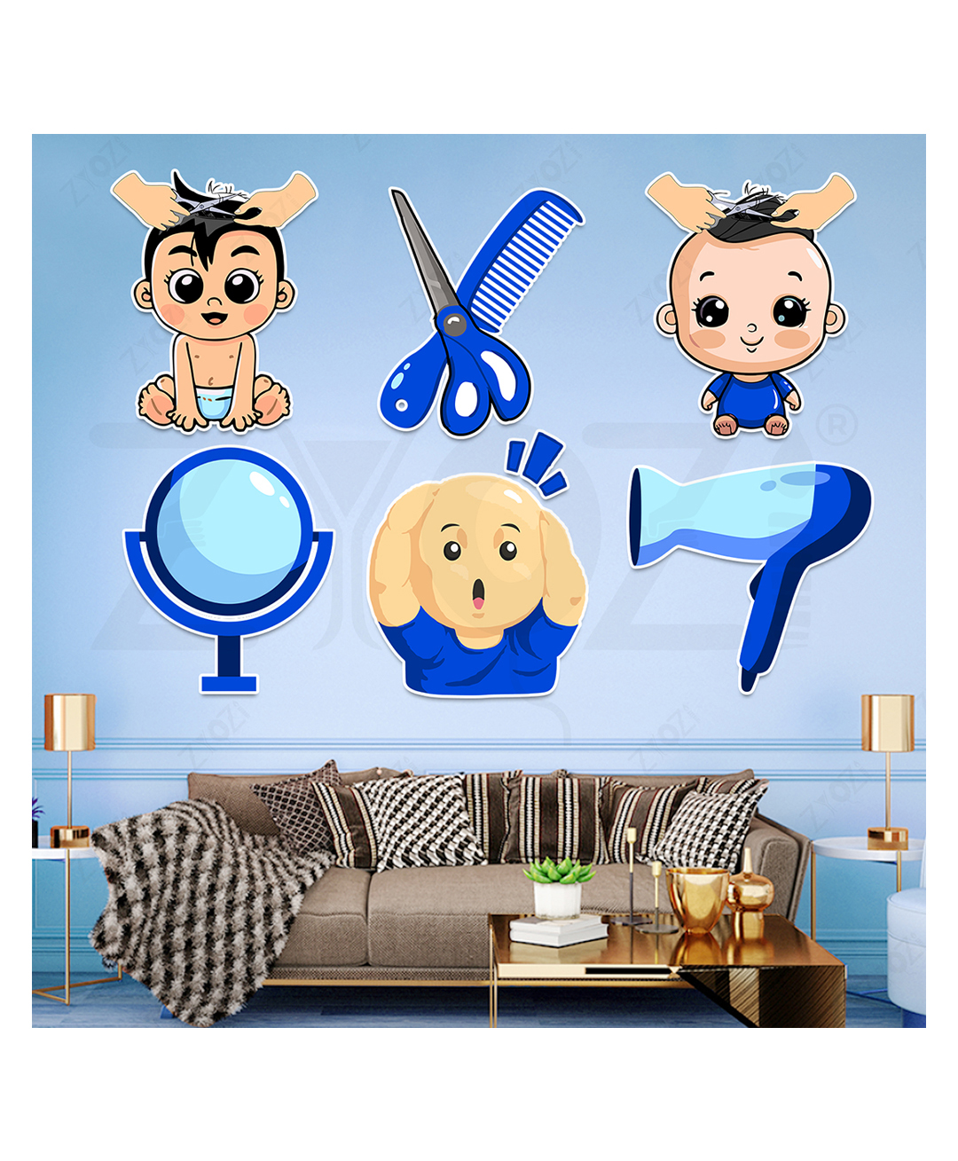 Zyozi Blue My First Hair Cut Theme Cardstock Cutout, Baby's First Hair Cut Decoration Items (Pack of 7)-picture-1