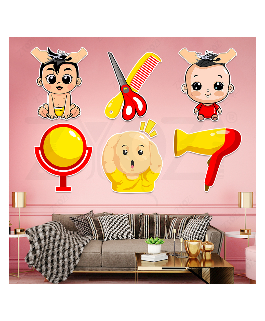Zyozi HairCut Theme Cardstock Cutout, Baby's First HairCut Decoration Item - Red & Yellow (Pack of 7)-picture-42