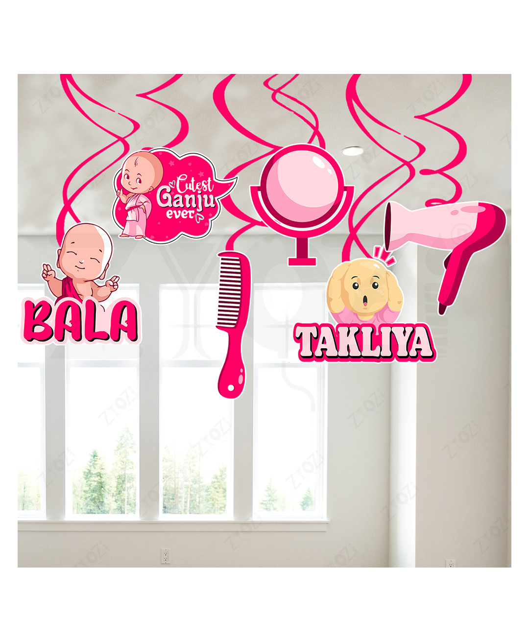 Zyozi Pink Mundan Ceremony Hanging Swirls, Mundan Ceremony Decorations Swirls for Baby Girl - Pack Of 6-picture-38