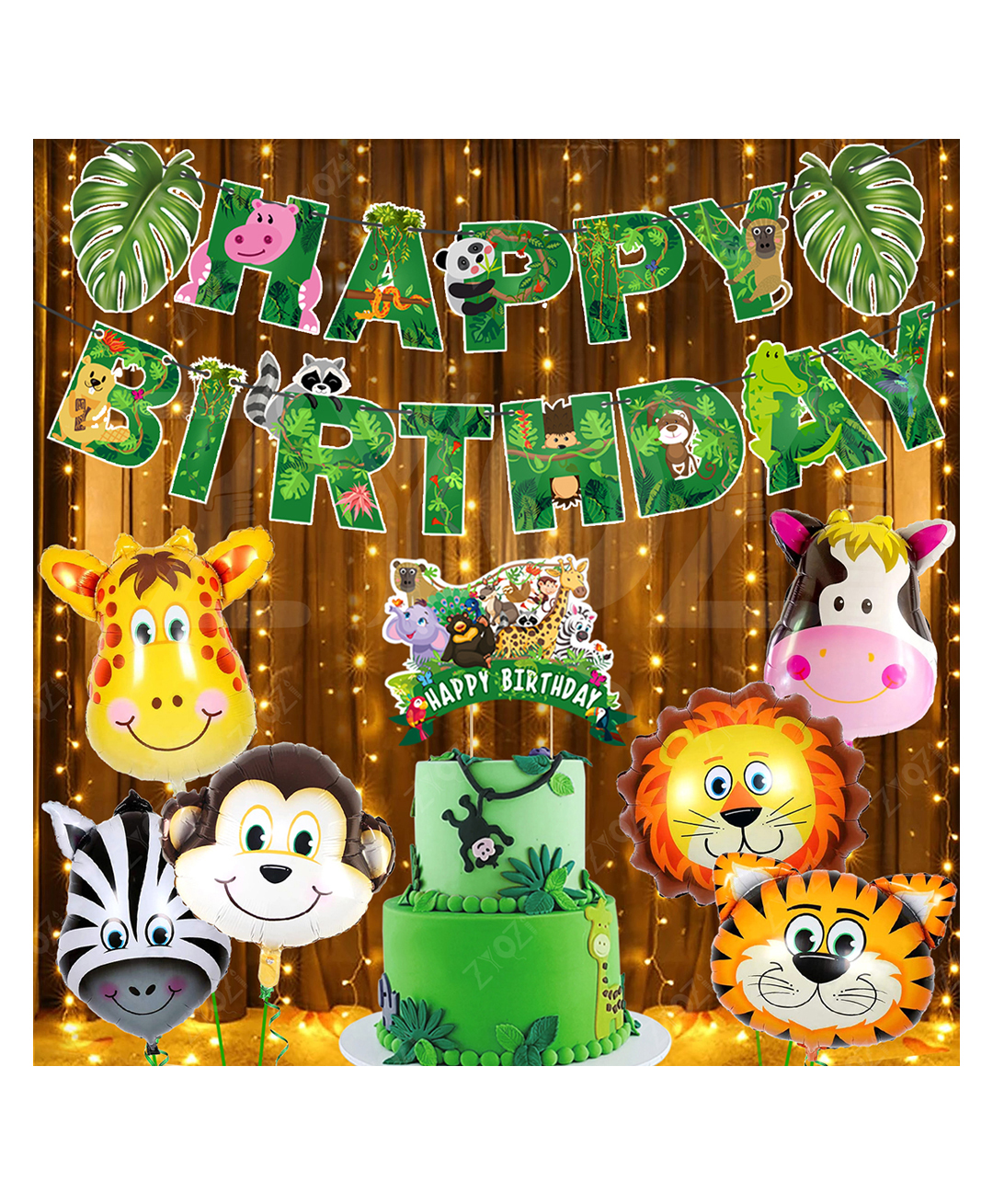 Zyozi Jungle Theme Birthday Decorations Combo Paper Banner, Rice Light, Cake Topper & Foil Balloons - Multi (Pack Of 9)-image-3