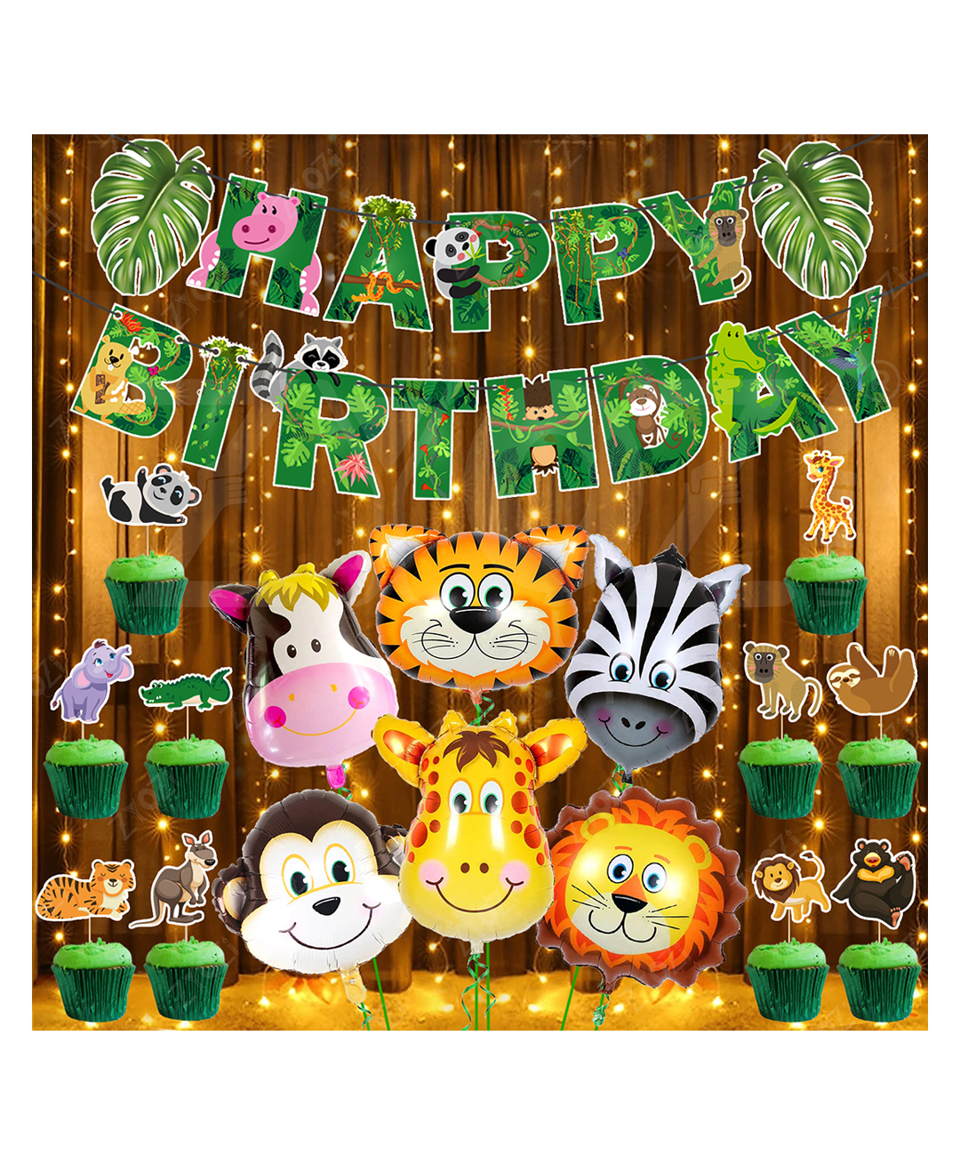 Zyozi Jungle Theme Birthday Decorations Combo - Banner, CupCake Topper, Foil Balloons & Rice Light (Pack Of 18)-image-27