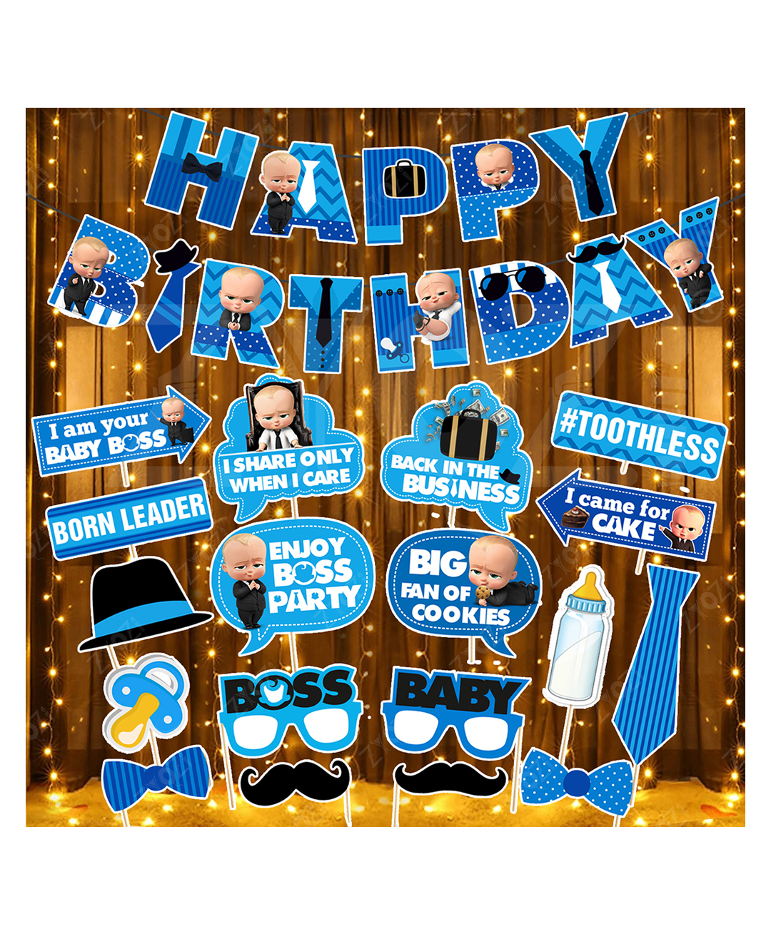 Zyozi BossBaby Theme Birthday Decorations Combo Banner, Photo Booth Props & Rice Light-Blue & White - Pack Of 20-image-47