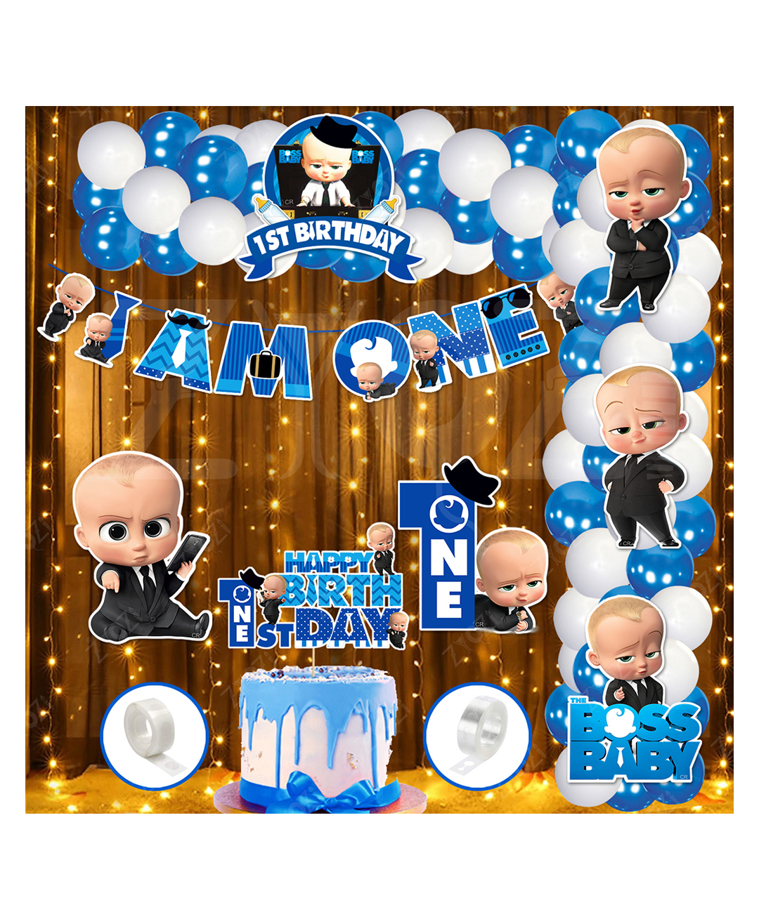 Zyozi Boss Baby Theme 1st Birthday Decorations Combo Banner, Balloons, Card stock, Cake Topper & Light-Blue & White - Pack Of 61-image-24