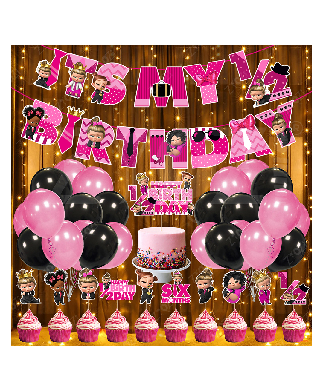 Zyozi BossBaby Girl's Theme 6th Month Birthday Decoration Combo Banner, Balloons, Rice Light, Cake & Cupcake Topper Pink & Black (Pack Of 38)-image-4