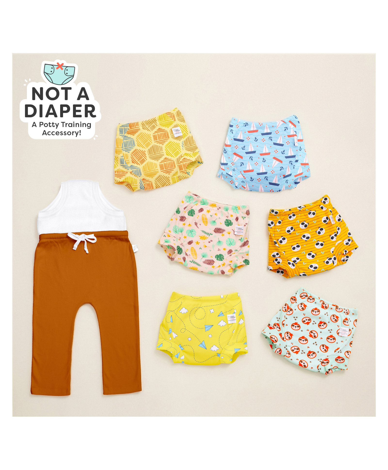 Superbottoms Potty Training Combo | 6 Padded Underwear + 1 Brown Diaper Pajama (9M-12M)-image-3