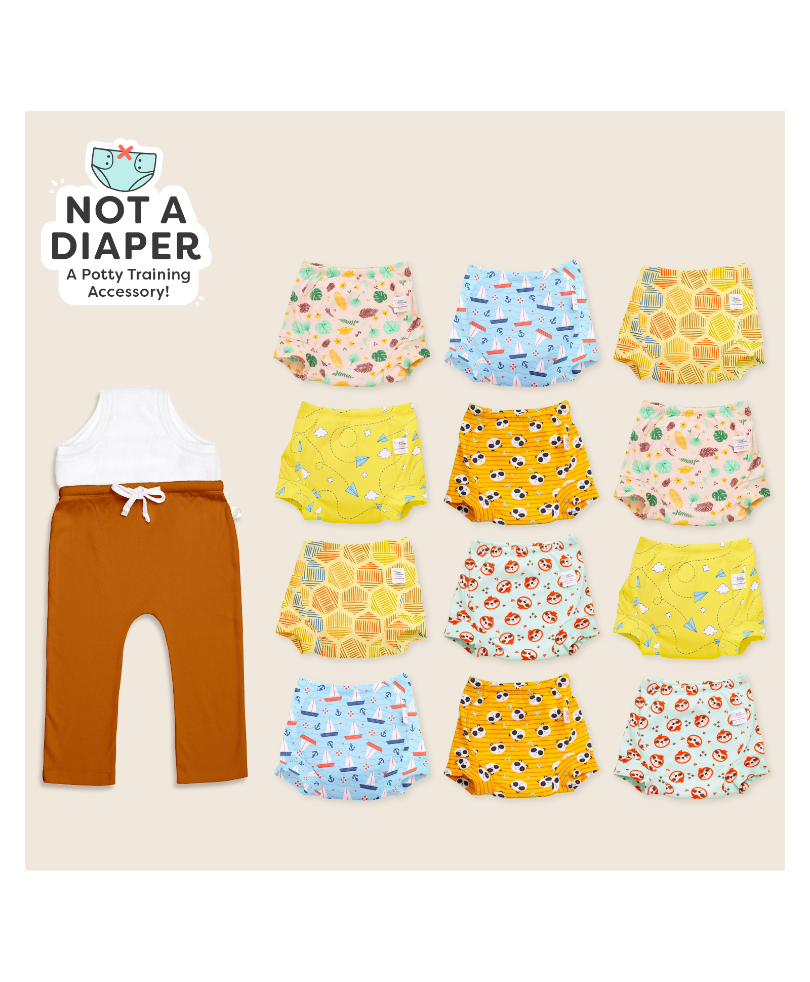 SuperBottoms Potty Training Combo | 12 Padded Underwear + Brown Diaper Pajama (9M-12M)-image-6