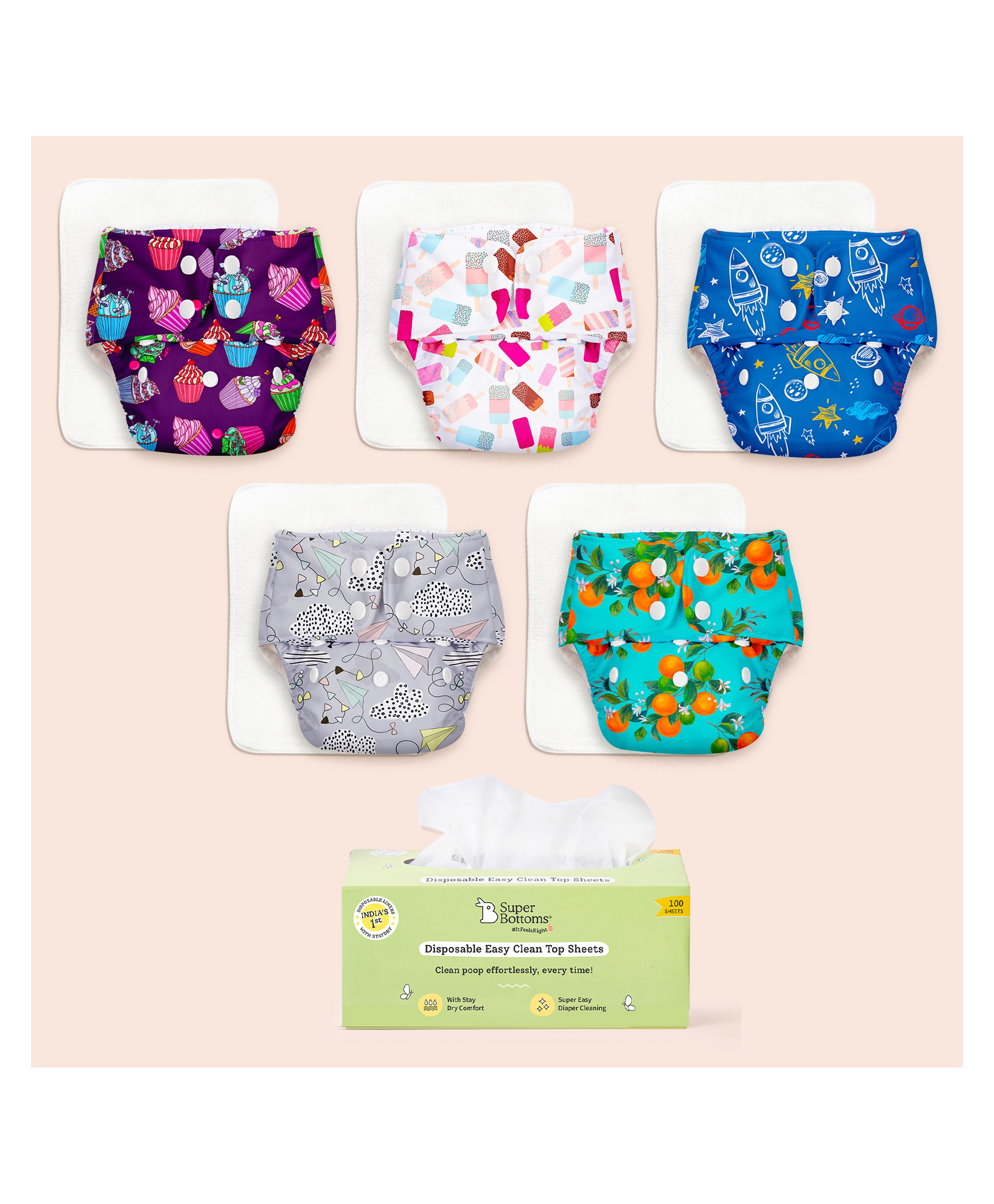 SuperBottoms BASIC Cloth Diaper Pack of 5 with 5 Quick Dry UltraThin Pads & 100 Disposable Easy Clean Top Sheets | Washable & Reusable | Adjustable Baby Fit 3m to 3y-picture-10