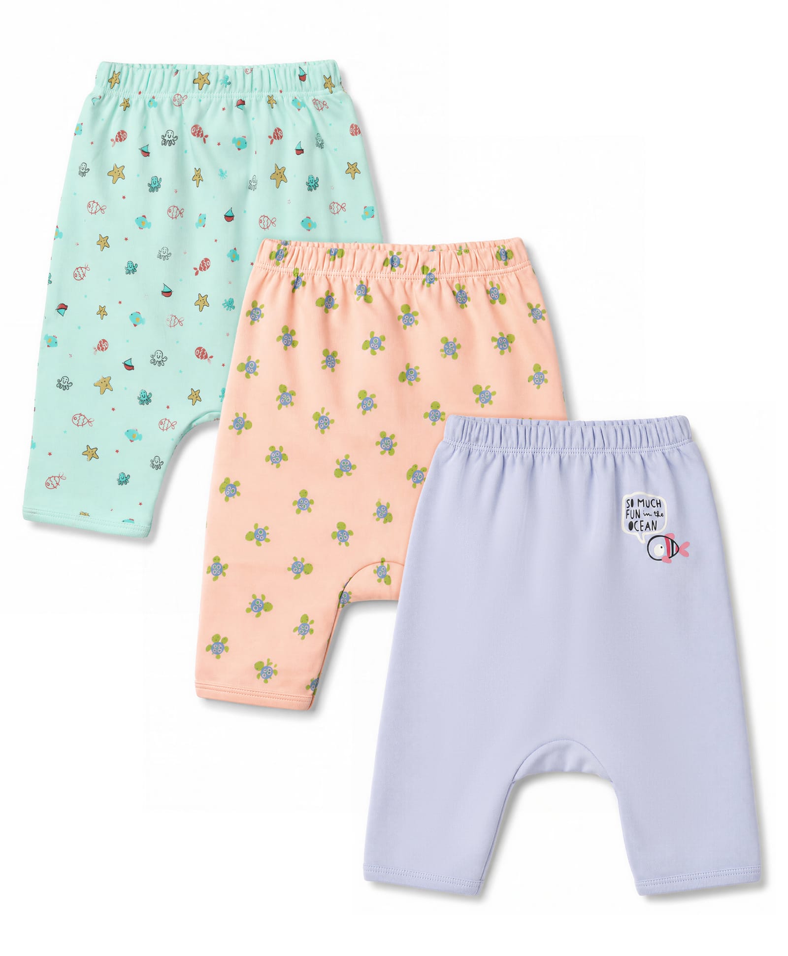 Tango Interlock Knit Full Length Sea Life Printed Diaper Leggings Pack Of 3 - Light & Aqua Blue & Peach-picture-29