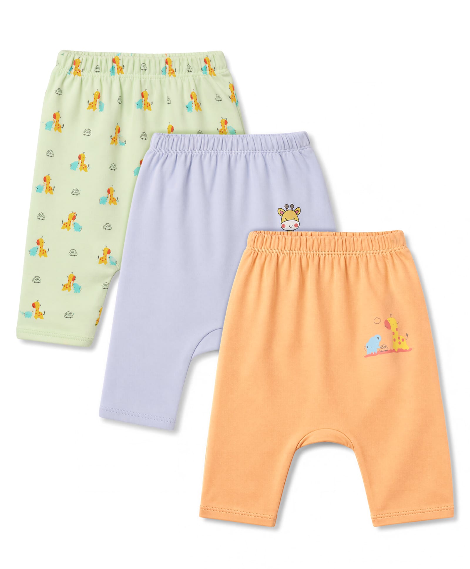 Tango Interlock Knit Full Length Giraffe Printed Diaper Leggings Pack Of 3 - Light Blue Green & Orange-picture-25
