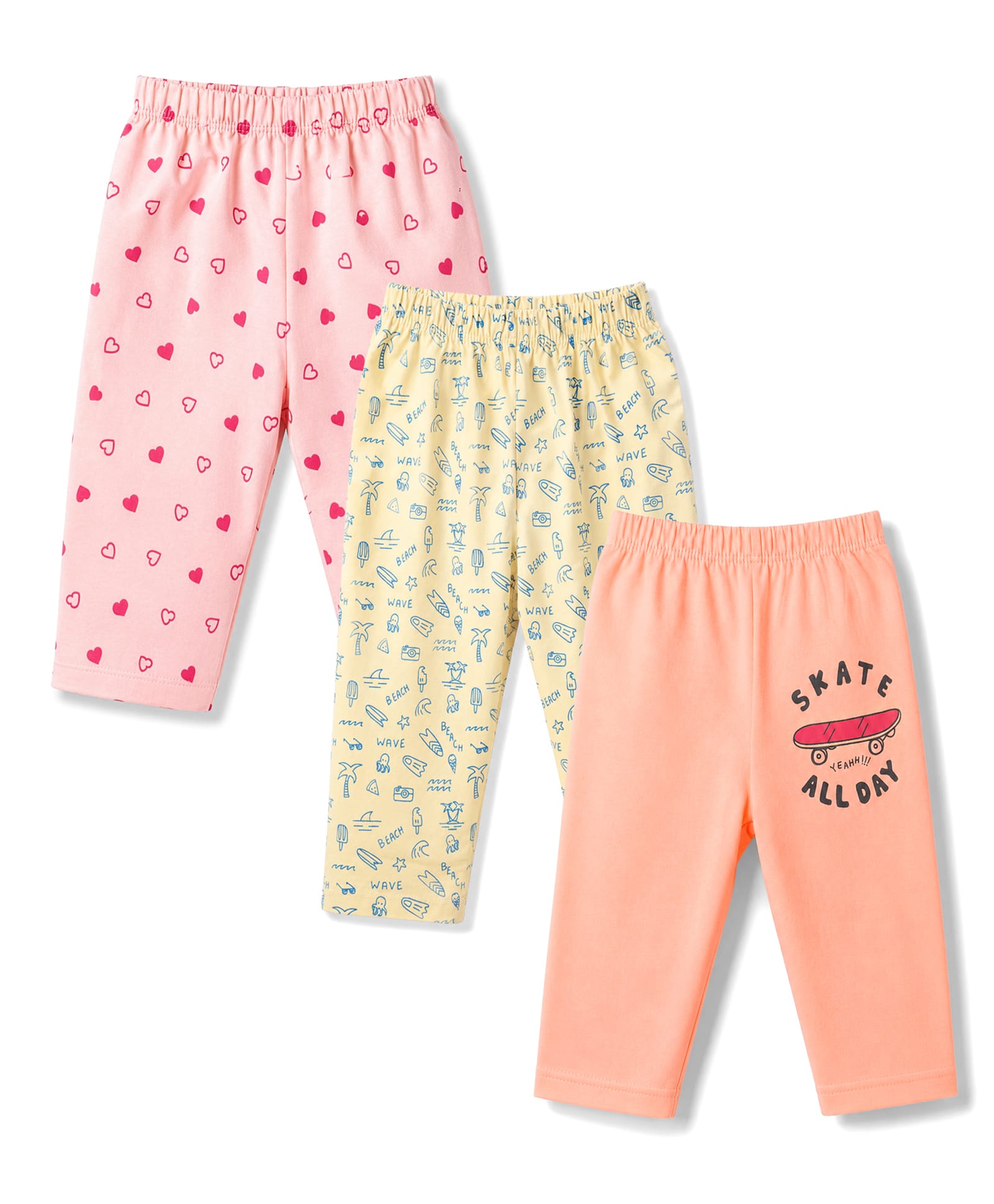 Tango Single Jersey Knit Full Length Hearts & Beach Theme Printed Lounge Pants Pack Of 3 - Peach Yellow & Orange-image-37