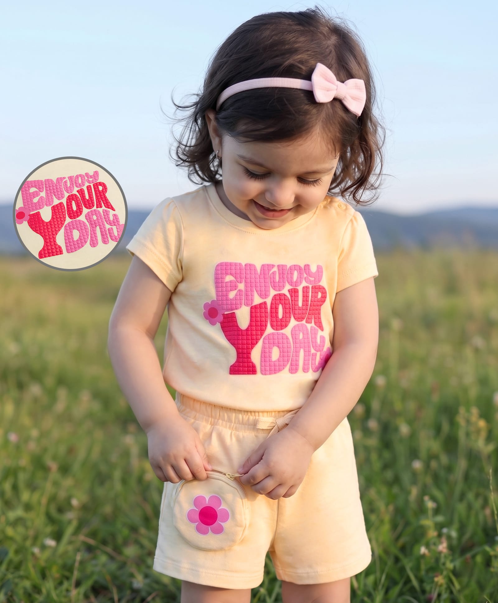 Babyoye Single Jersey Knit Half Sleeves Text Printed T-Shirt & Shorts Set With Floral Print - Yellow-image-6