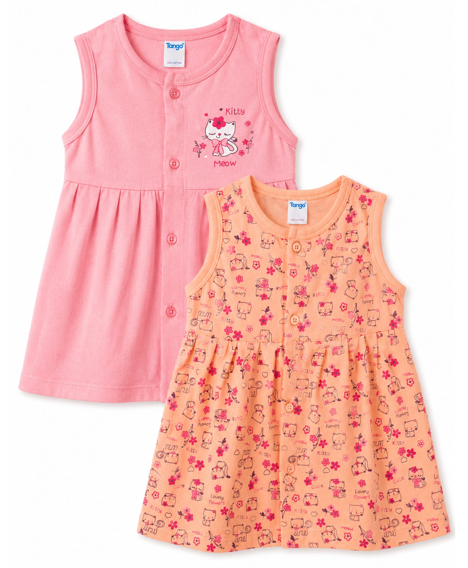 Tango Single Jersey Knit Sleeveless Kitty & Floral Printed Frocks Pack Of 2 - Pink & Orange-picture-18