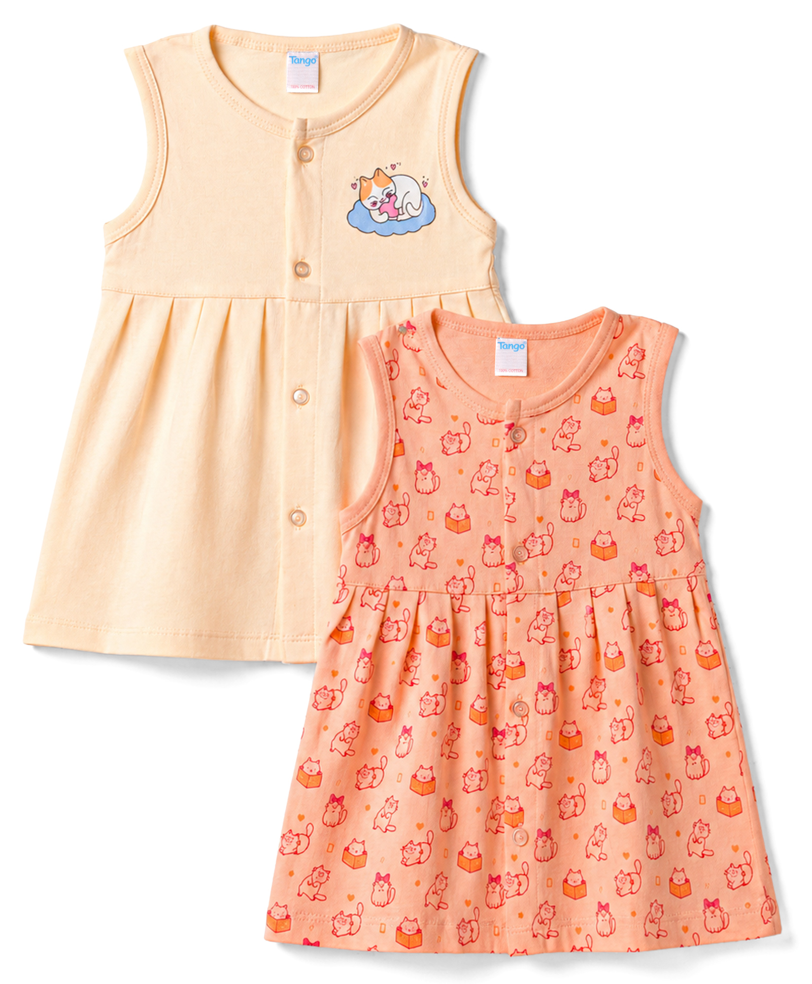 Tango Single Jersey Knit Sleeveless Kitty Printed Frocks Pack Of 2 - Beige & Orange-picture-36