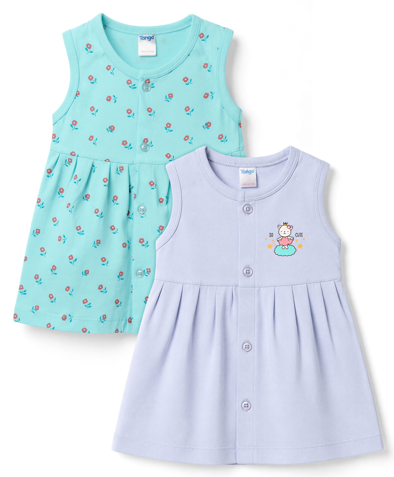 Tango Single Jersey Knit Sleeveless Floral & Animal Printed Frocks Pack Of 2 - Light & Aqua Blue-picture-35