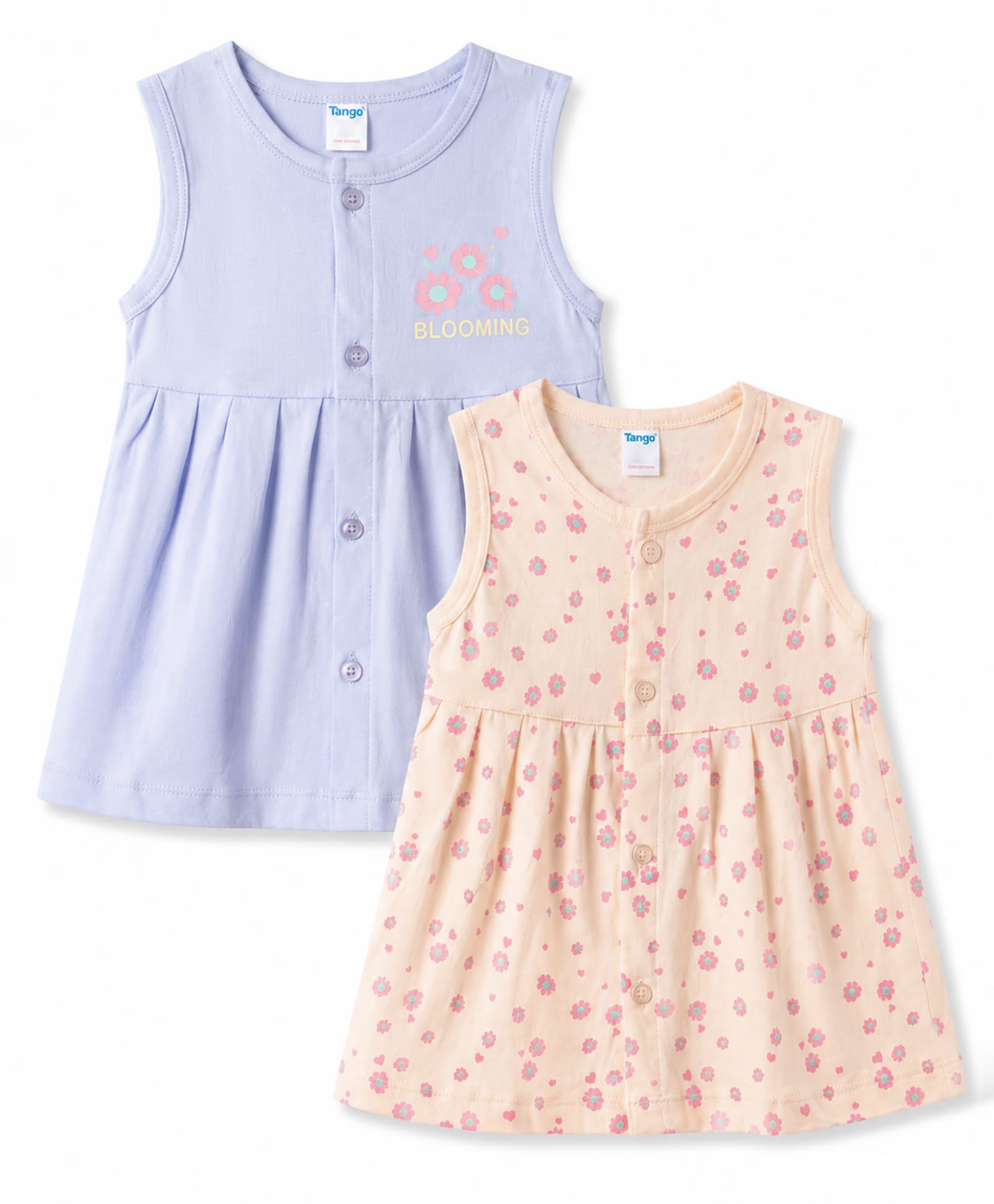 Tango Single Jersey Knit Sleeveless Floral Printed Frocks Pack Of 2 - Light Blue & Beige-image-11