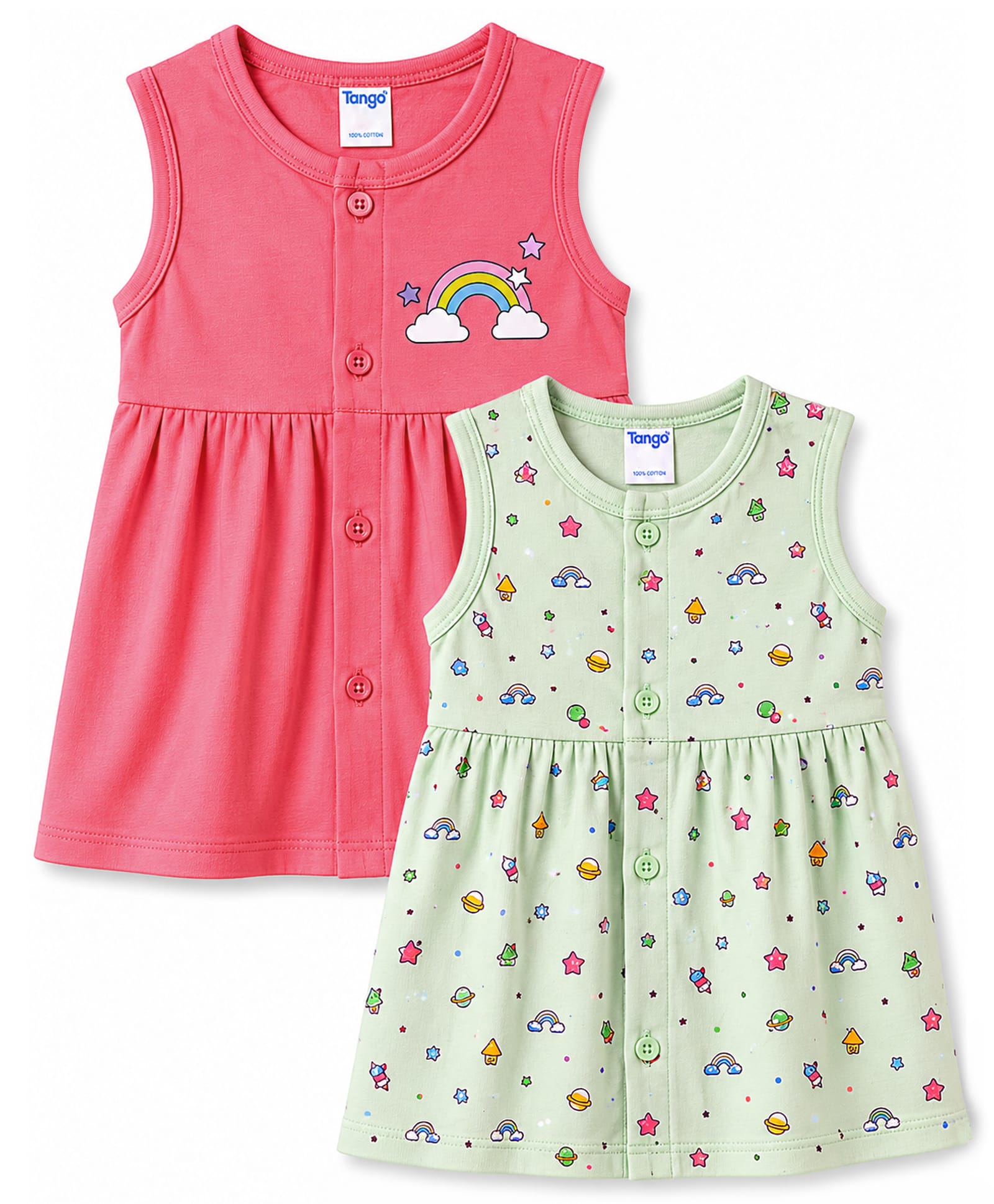 Tango Single Jersey Knit Sleeveless Rainbow & Space Theme Printed Frocks Pack Of 2 - Dark Pink & Light Green-image-19