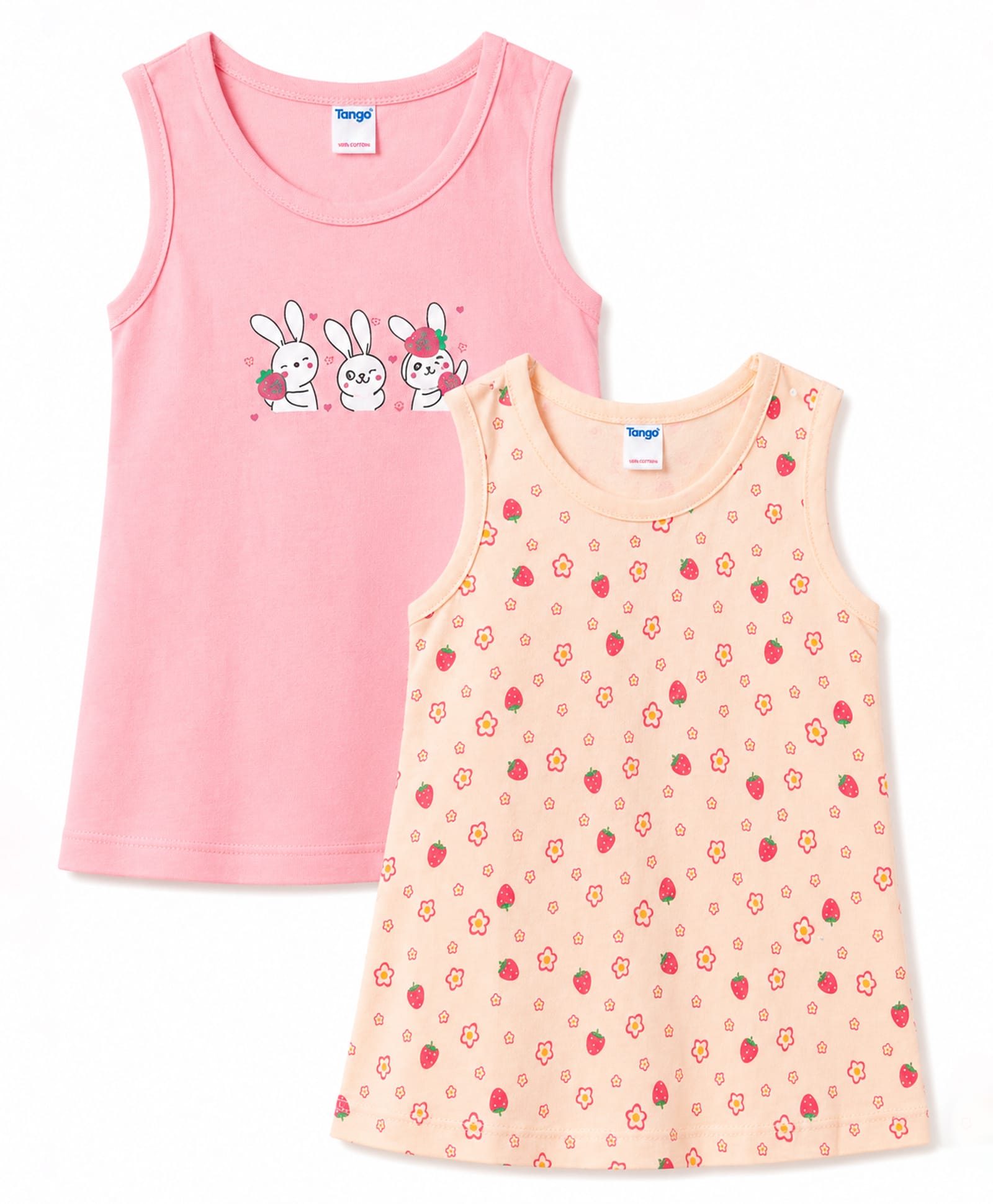 Tango Single Jersey Knit Sleeveless Bunny Floral & Strawberry Printed Frocks Pack Of 2 - Pink & Beige-picture-28