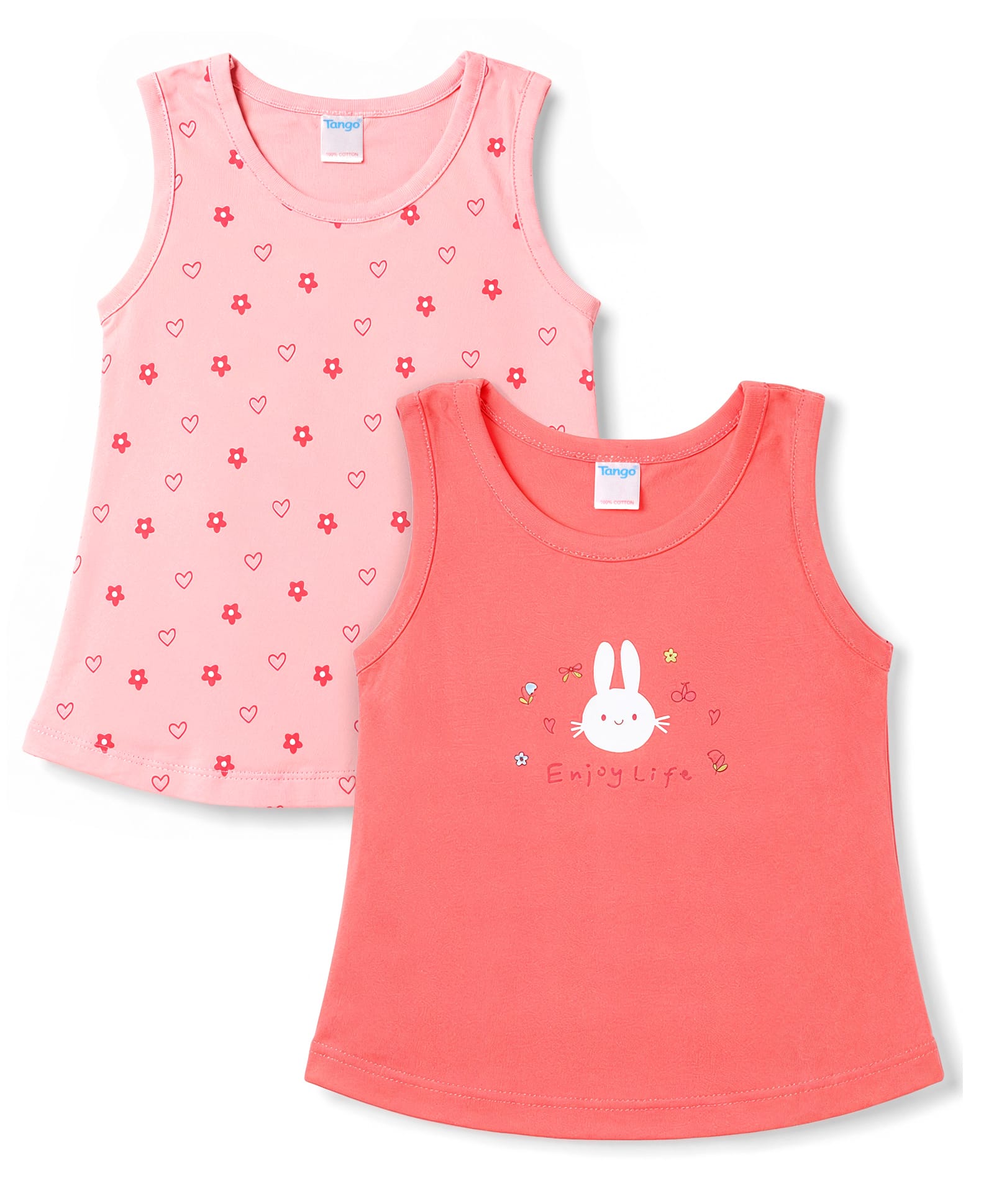 Tango Single Jersey Knit Sleeveless Hearts Bunny & Floral Printed Frocks Pack Of 2 - Pink-picture-16