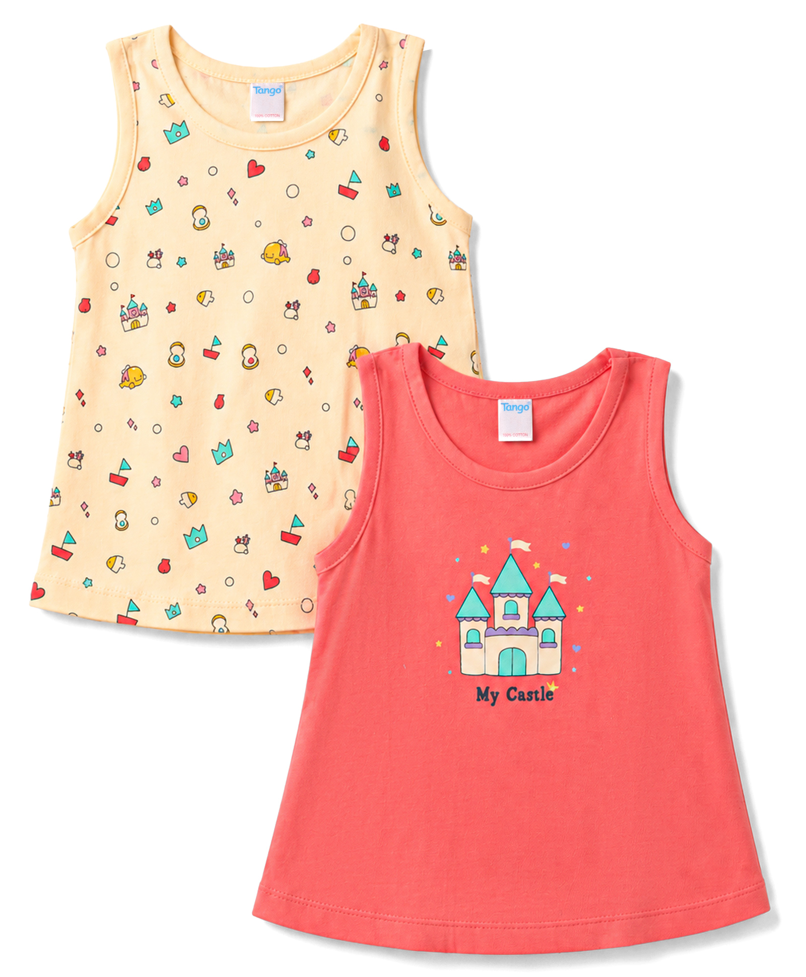 Tango Single Jersey Knit Sleeveless Star & Castle Printed Frocks Pack Of 2 - Pink & Beige-image-7
