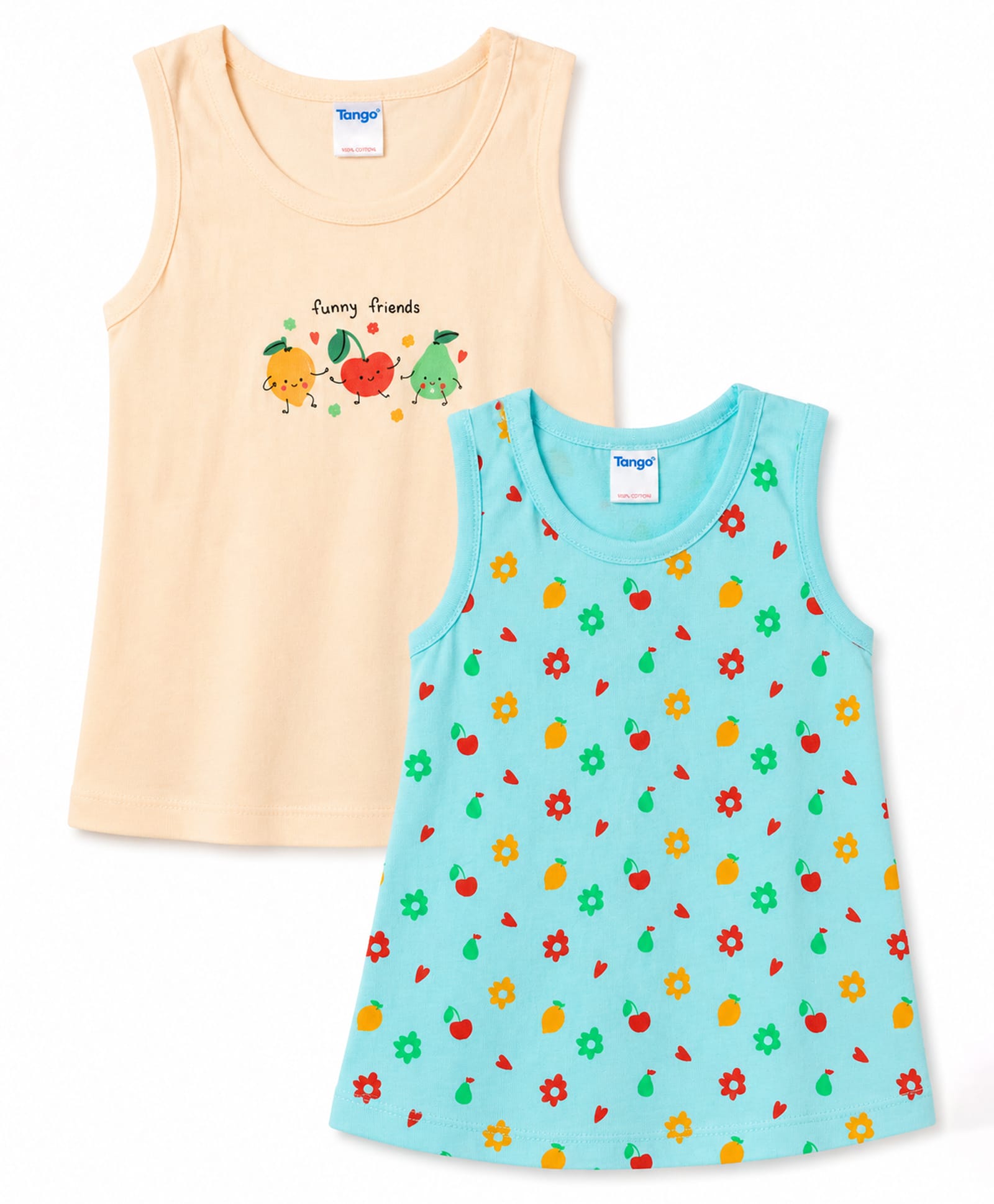 Tango Single Jersey Knit Sleeveless Floral & Tropical Theme Printed Frocks Pack Of 2 - Aqua Blue & Beige-picture-45