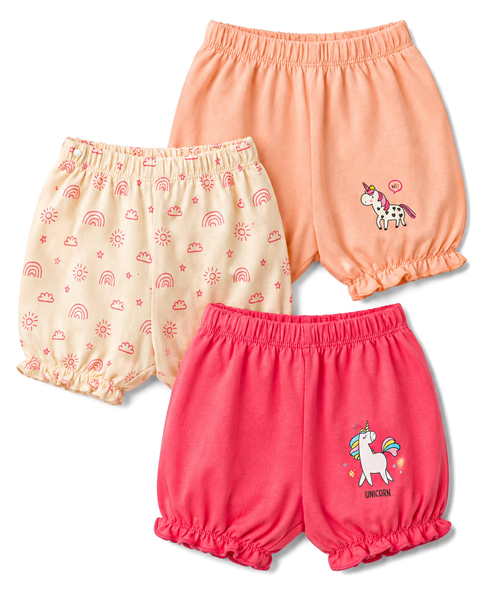 Tango Single Jersey Knit Bloomers With Unicorn & Rainbow Print Pack of 3 - Light Orange Dark Pink & Beige-image-42