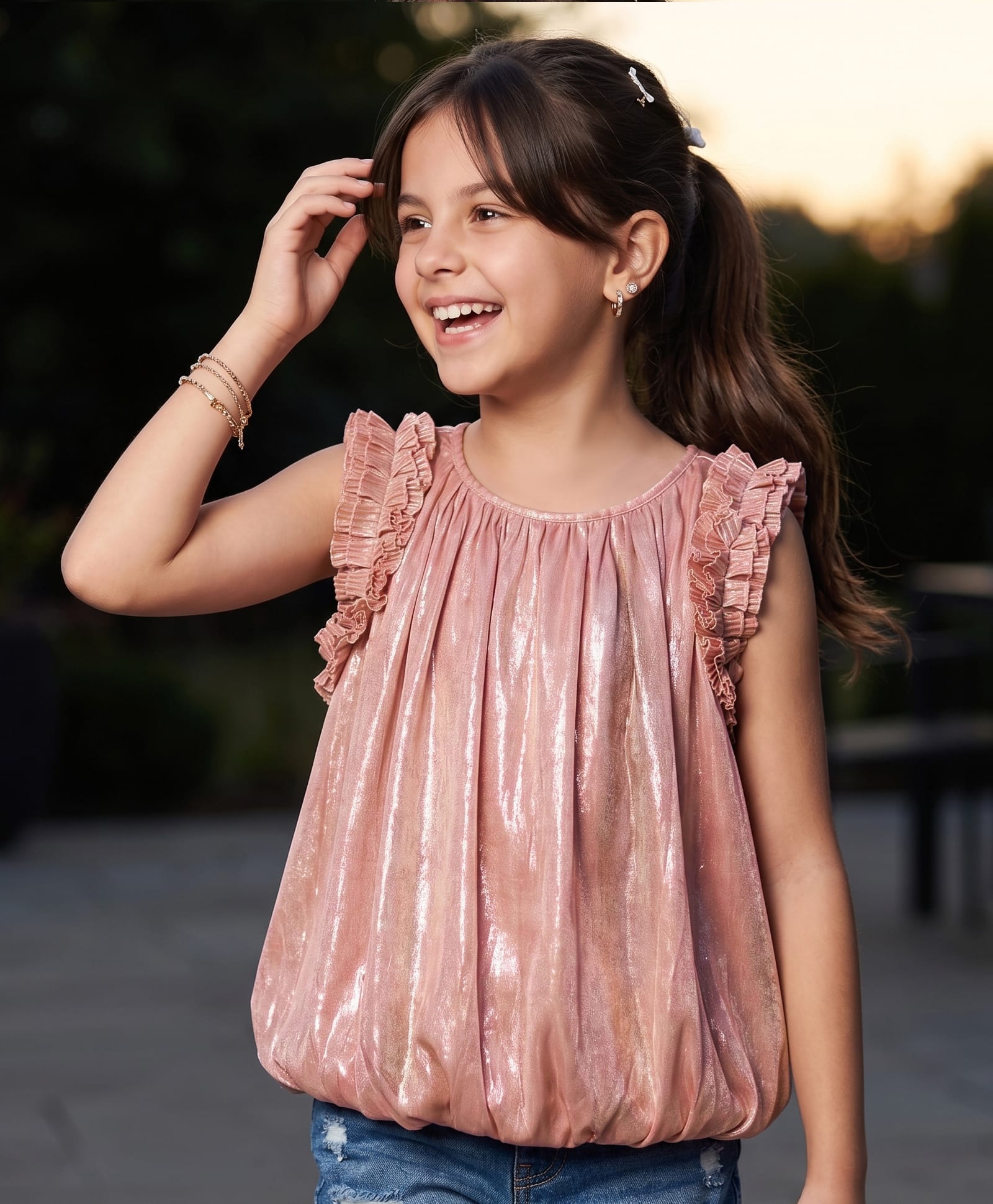 Arias Woven Frill Sleeves Party Top With Foil Print - Pink-image-19
