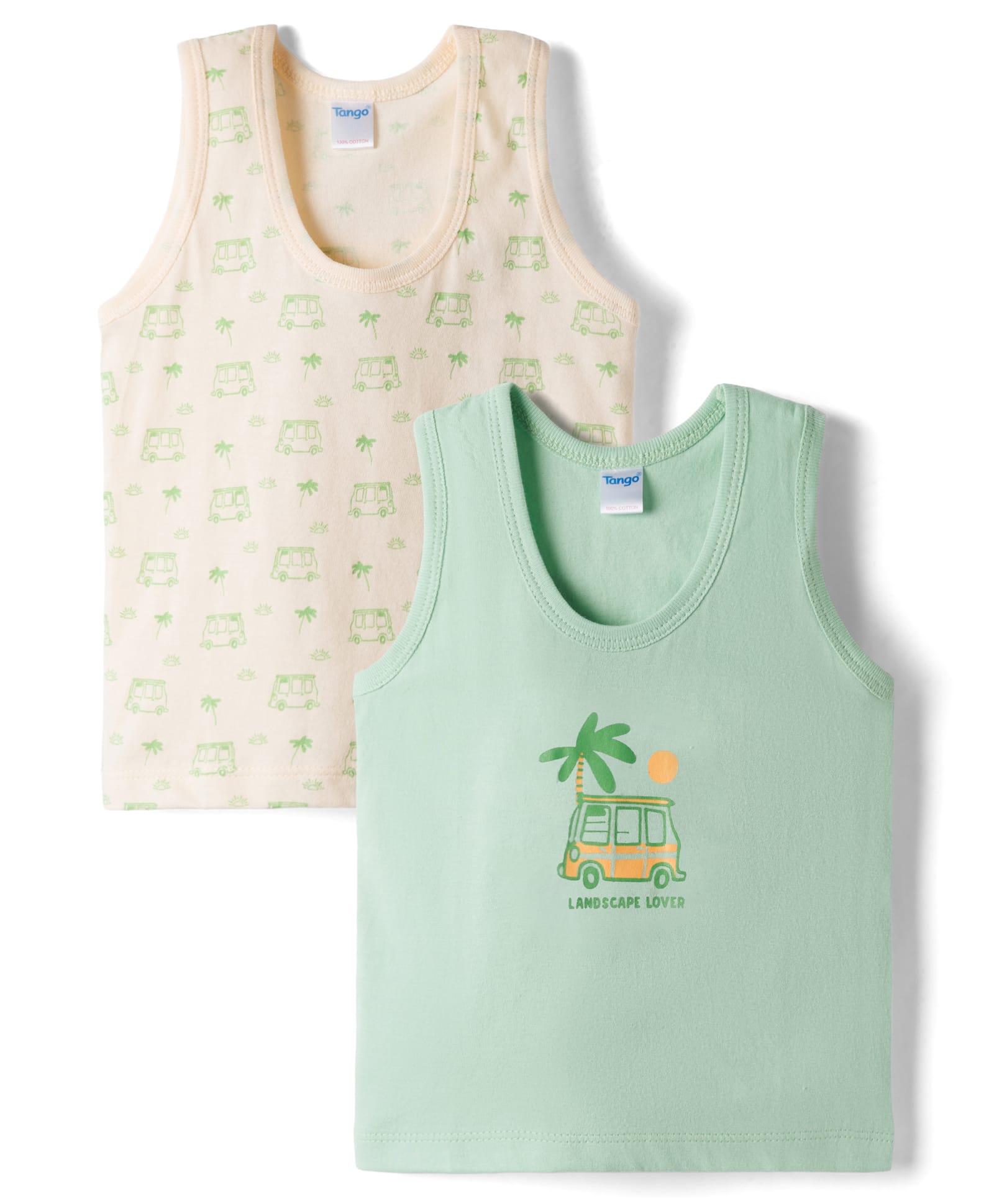 Tango Single Jersey Knit Sleeveless Vests with Van & Tree Print Pack of 2 - Green & Cream-image-27