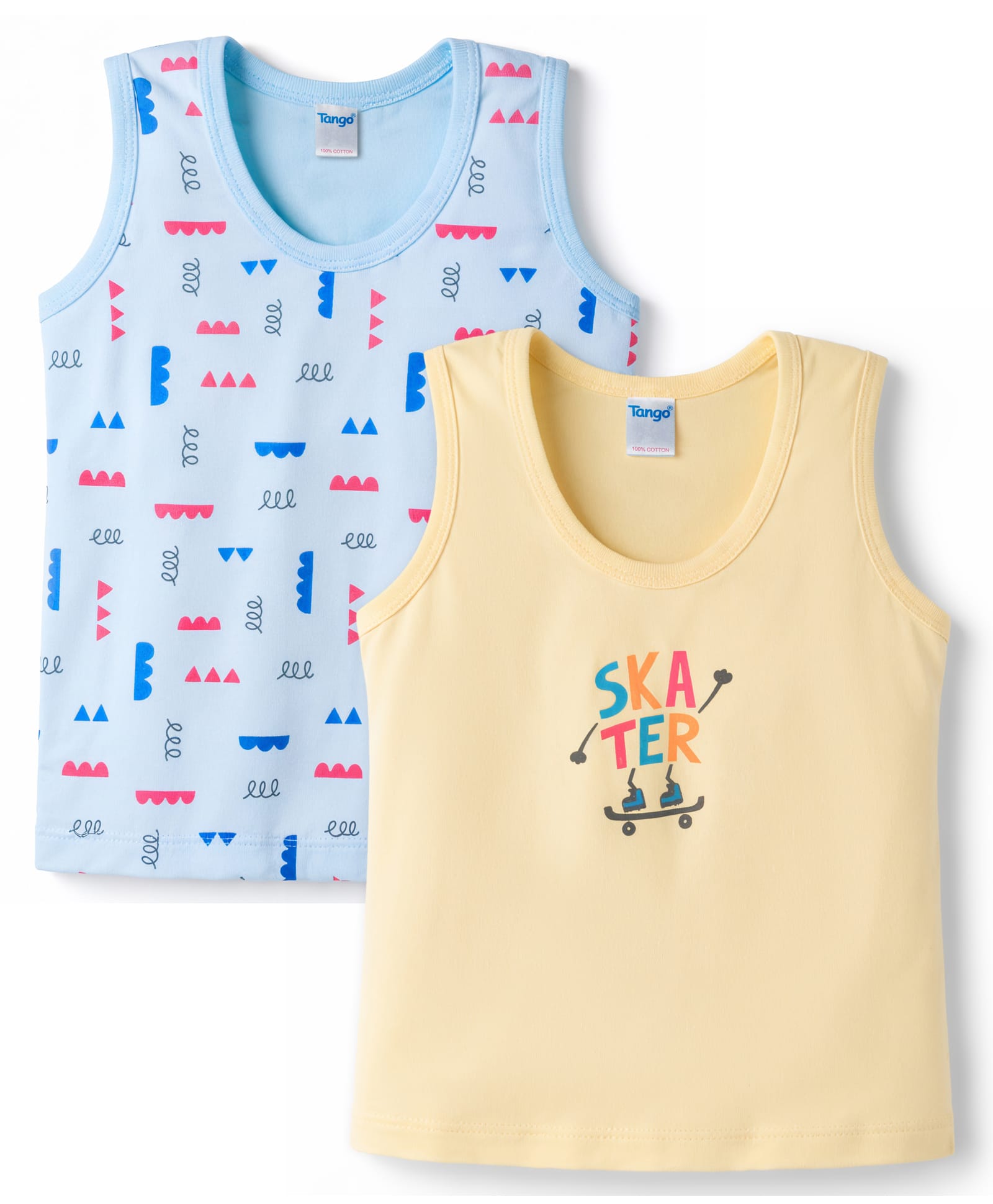 Tango Single Jersey Knit Sleeveless Printed Vests Pack of 2 - Lemon Yellow & Blue-image-36