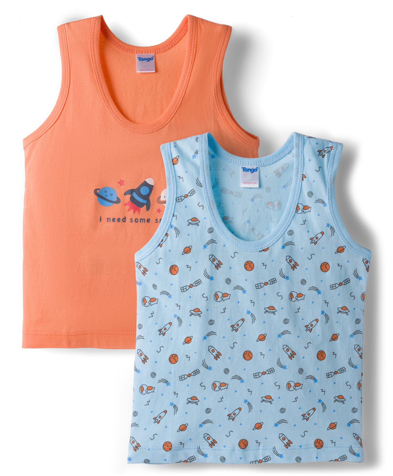 Tango Single Jersey Knit Sleeveless Vests with Space Theme Print Pack of 2 - Orange & Light Blue-picture-12