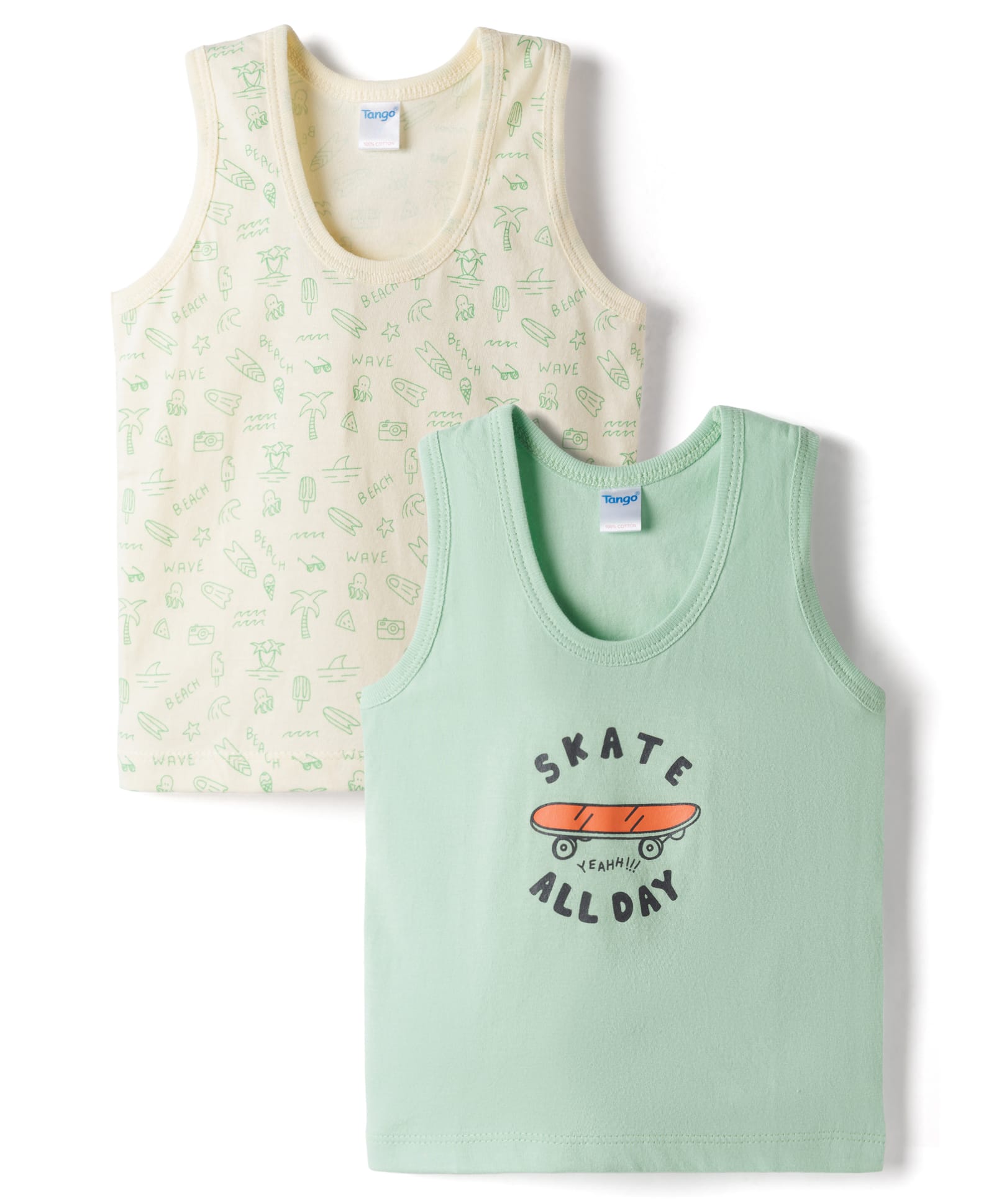 Tango Single Jersey Knit Sleeveless Vests with Beach Theme Print Pack of 2 - Green & Light Yellow-image-14