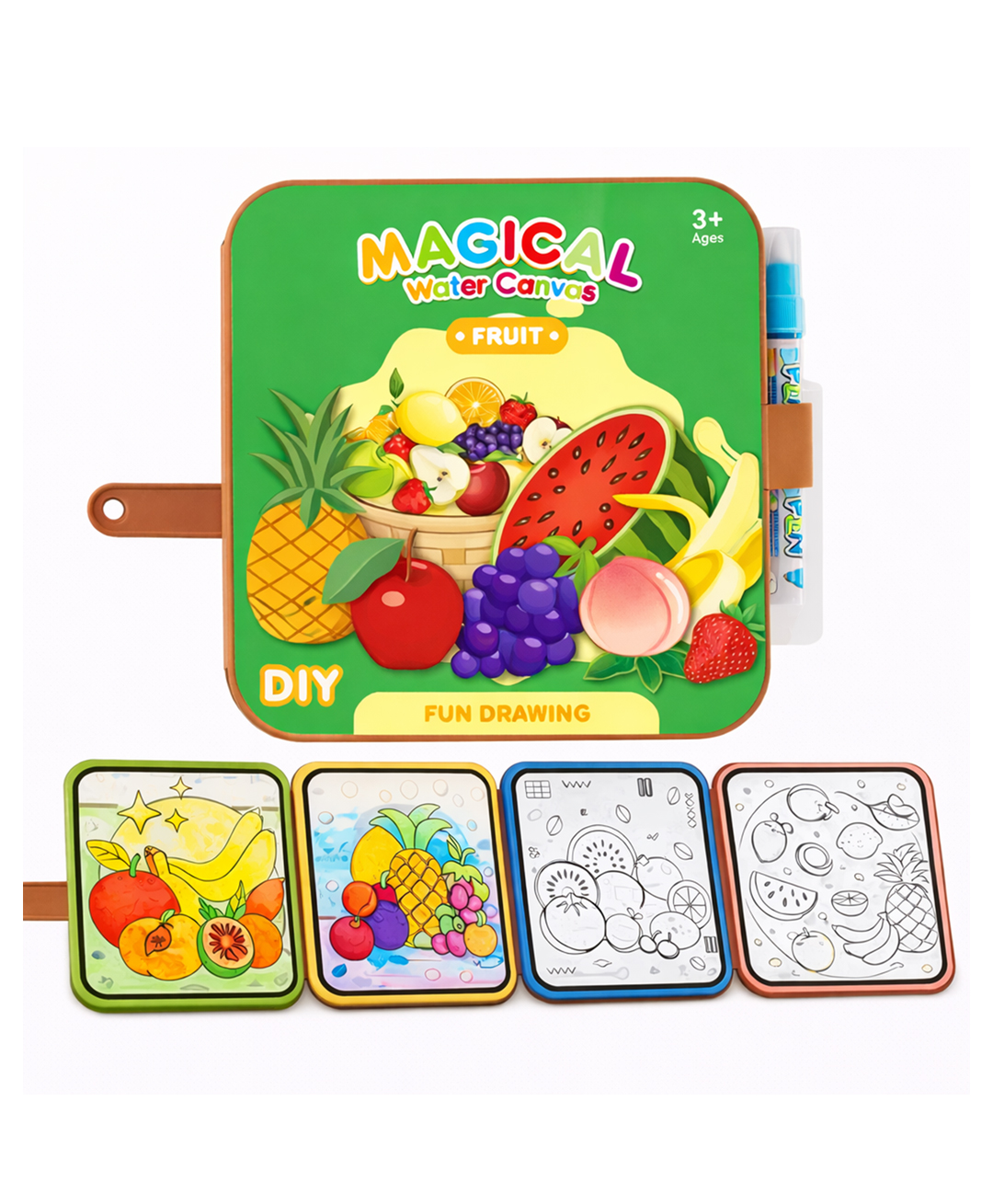 Kiddale Reusable Water Painting Book For Kids 3-8 years | Fruit Theme | Magic Coloring with Water Pen | 4 Reusable Pages & 2 Fruit Sticker Sheets | Mess-Free Travel Activity Book - English-image-11