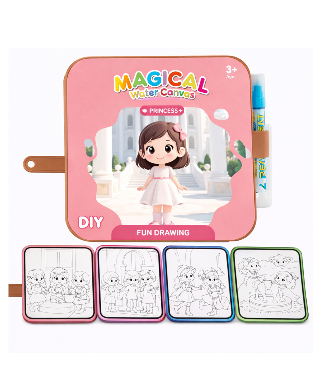 Kiddale Magic Reusable Water Painting Book for Kids | Princess Theme | Water Color Fun with Pen | 4 Pages & 2 Princess Sticker Sheets | Mess-Free Creative Play - English-image-24