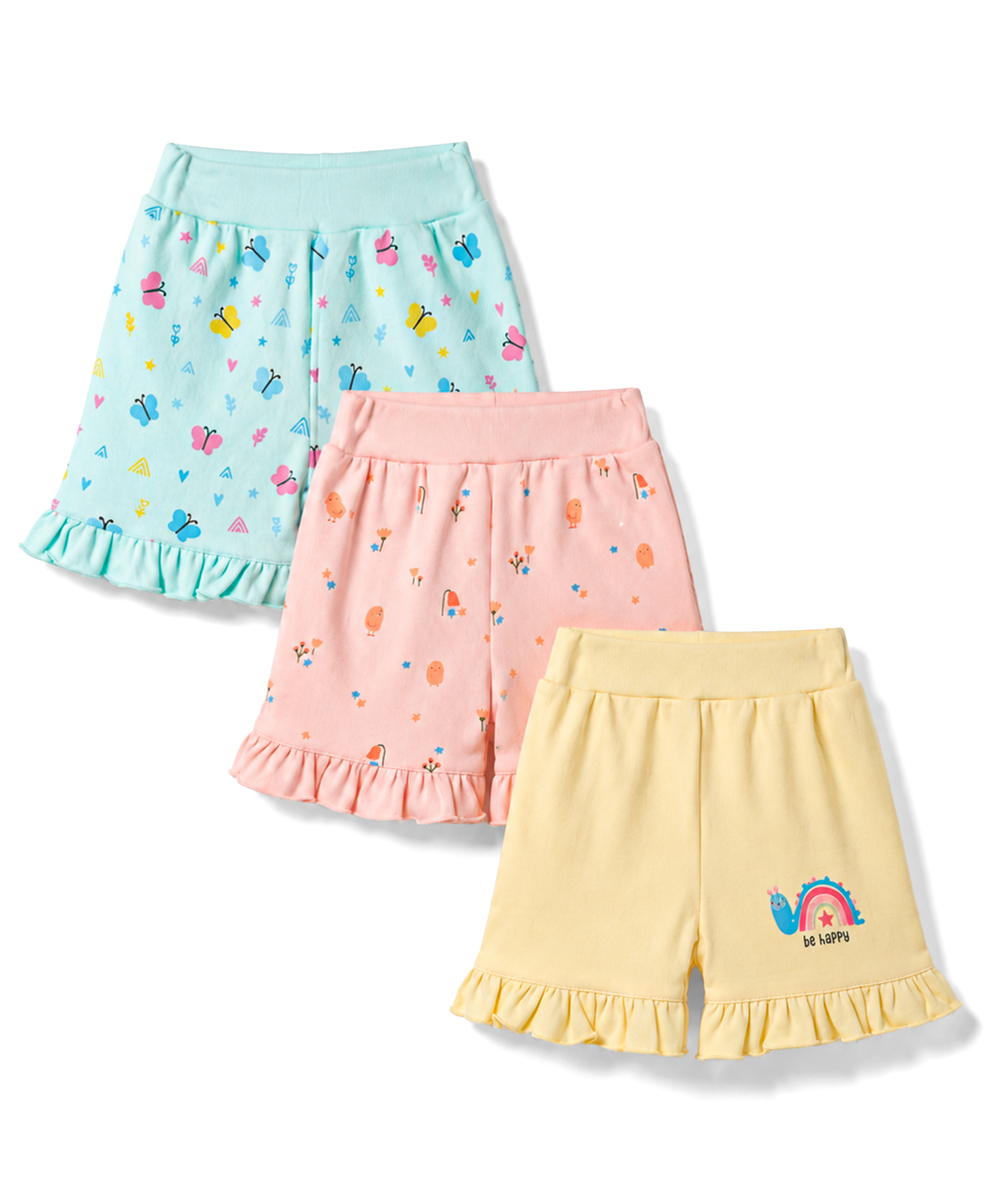 Tango Interlock Knit Knee Length Snail Floral & Butterfly Printed Shorts Pack Of 3 - Peach Yellow & Aqua Blue-picture-23
