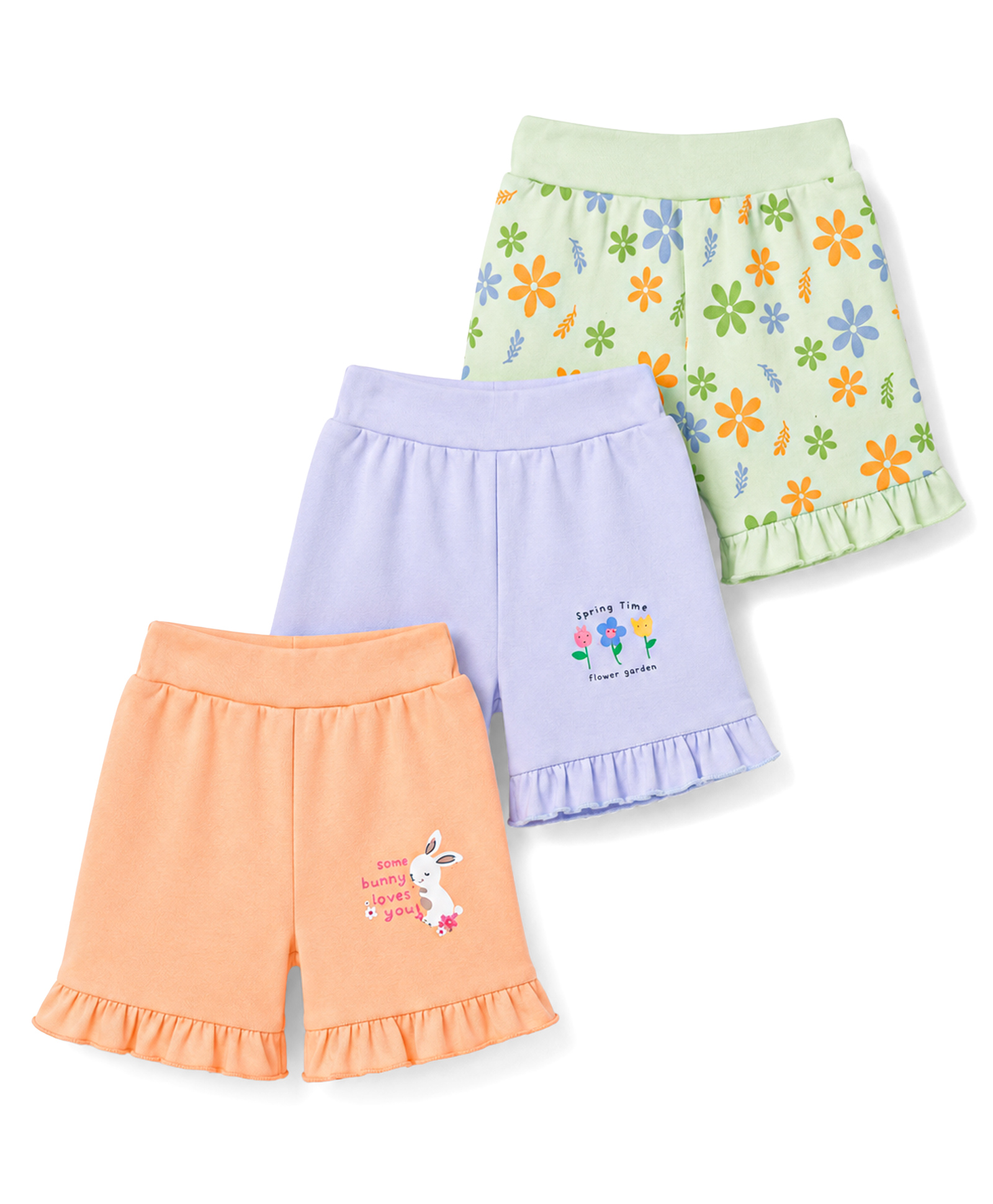 Tango Interlock Knit Knee Length Floral & Bunny Printed Shorts Pack Of 3 - Orange Light Blue & Light Green-picture-27