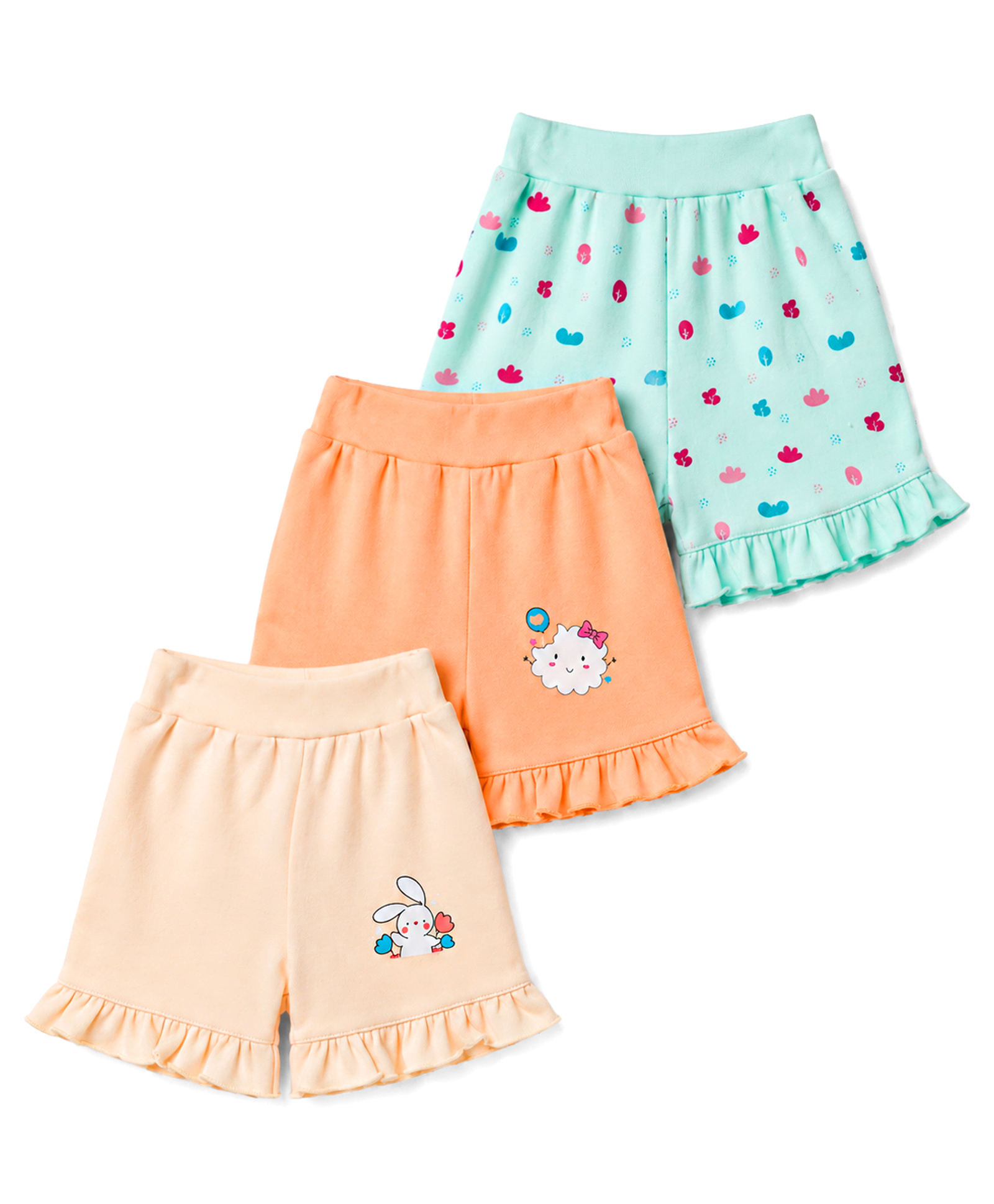 Tango Interlock Knit Knee Length Bunny Printed Shorts Pack Of 3 - Orange Aqua Blue & Orange-picture-44