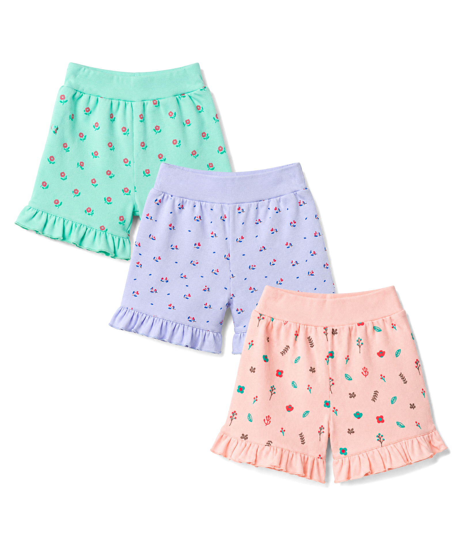 Tango Interlock Knit Knee Length Floral Printed Shorts Pack Of 3 - Peach Light Blue & Sea Green-picture-1