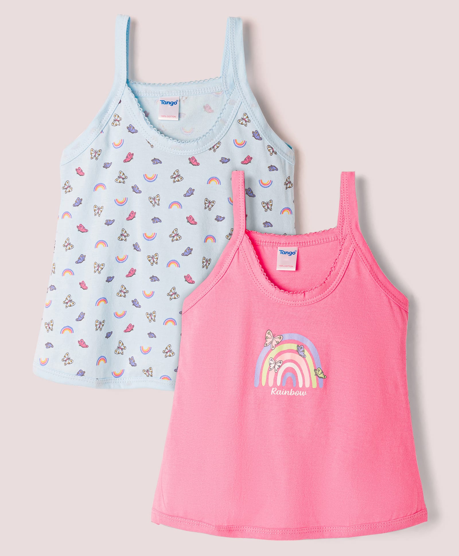 Tango Single Jersey Knit Sleeveless Rainbow & Butterfly Printed Slips Pack Of 2 - Pink & Light Blue-image-18