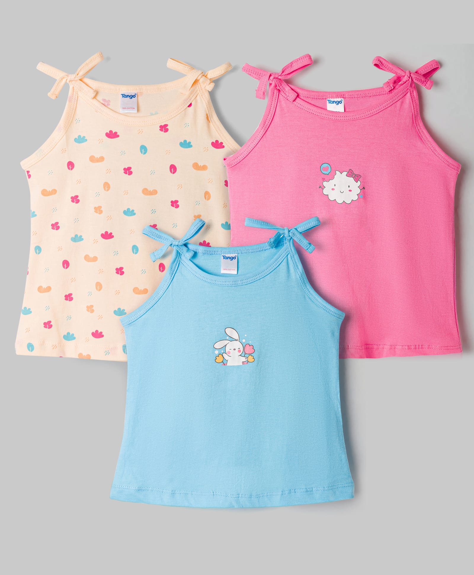 Tango Single Jersey Knit Sleeveless Bunny & Floral Printed Slips Pack Of 3 - Pink Light Blue & Cream-picture-8