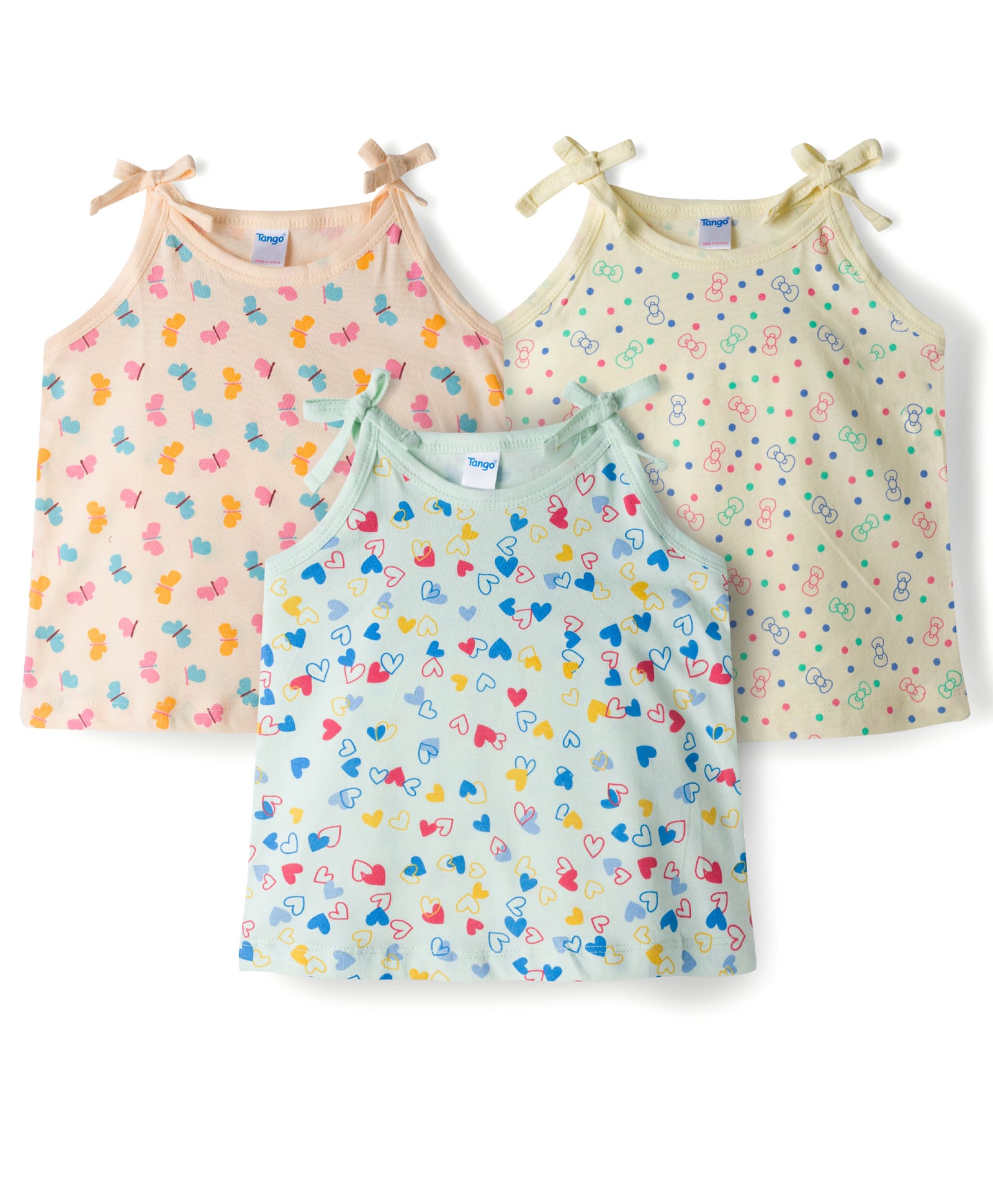 Tango Single Jersey Knit Sleeveless Hearts Butterfly & Polka Dots Printed Slips Pack of 3 - Cream Light Green & Yellow-picture-48