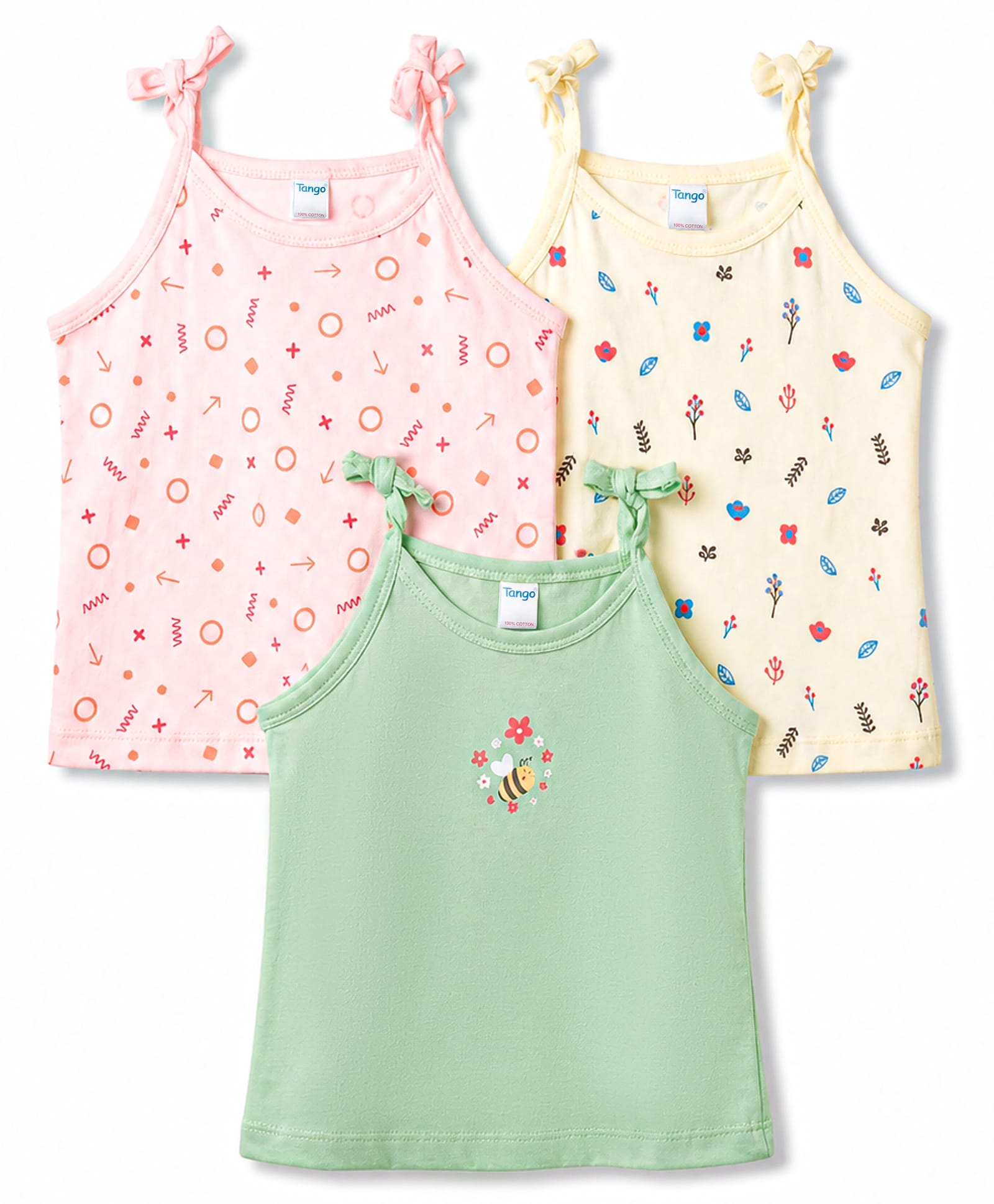 Tango Single Jersey Knit Sleeveless Bee & Floral Printed Slips Pack Of 3 - Light Green Pink & Yellow-image-31