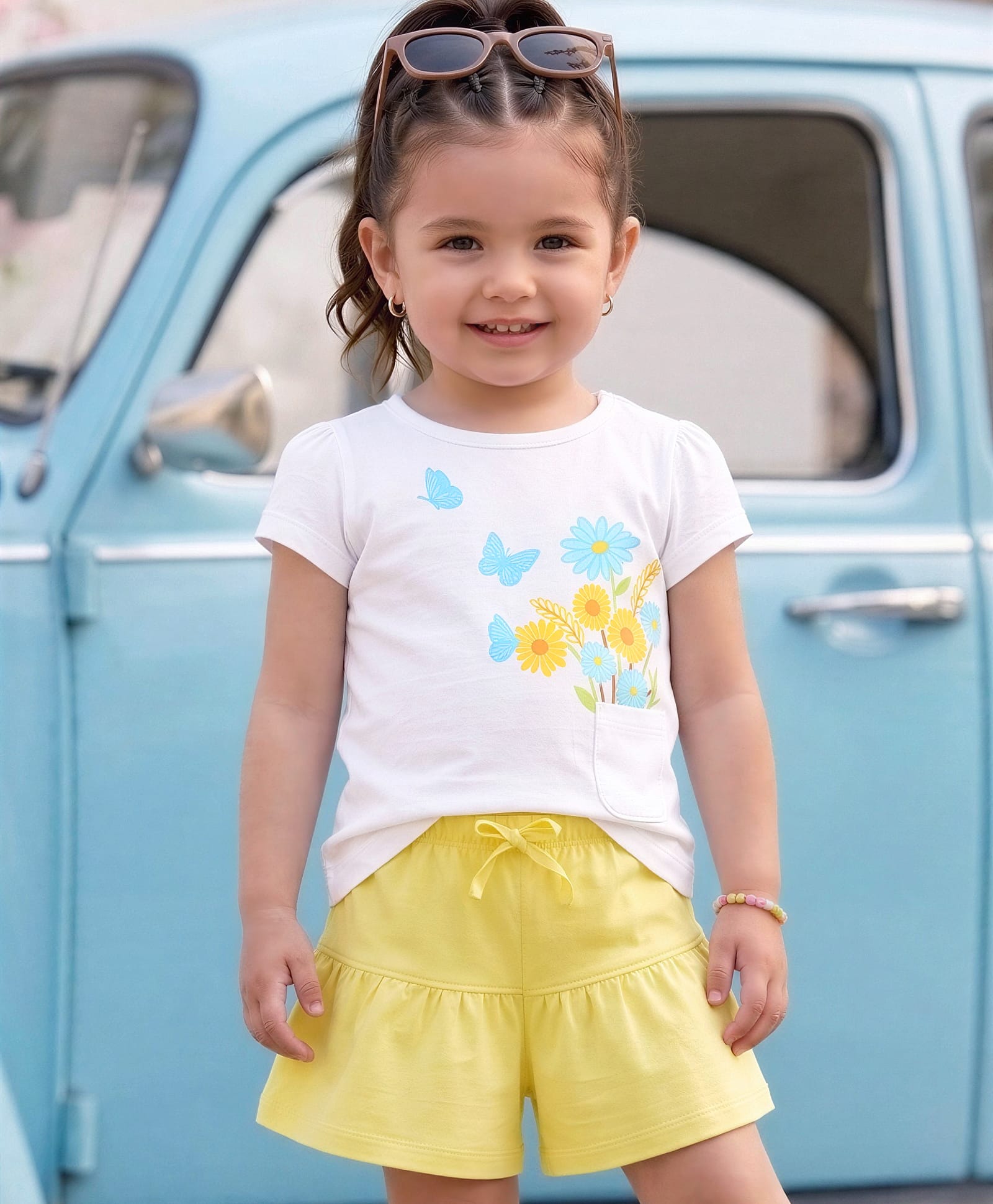 Babyoye Single Jersey Knit Half Sleeves T-Shirt & Shorts Set with Floral Print - White & Light Yellow-image-38