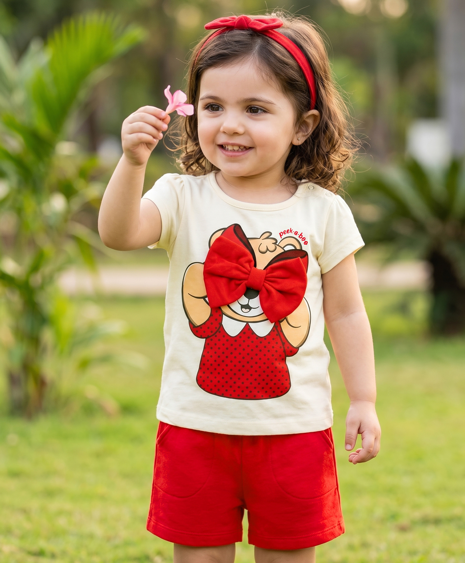 Babyoye Single Jersey Knit Half Sleeves T-Shirt & Shorts Set With Teddy Print & Bow Applique - Red & Cream-image-26