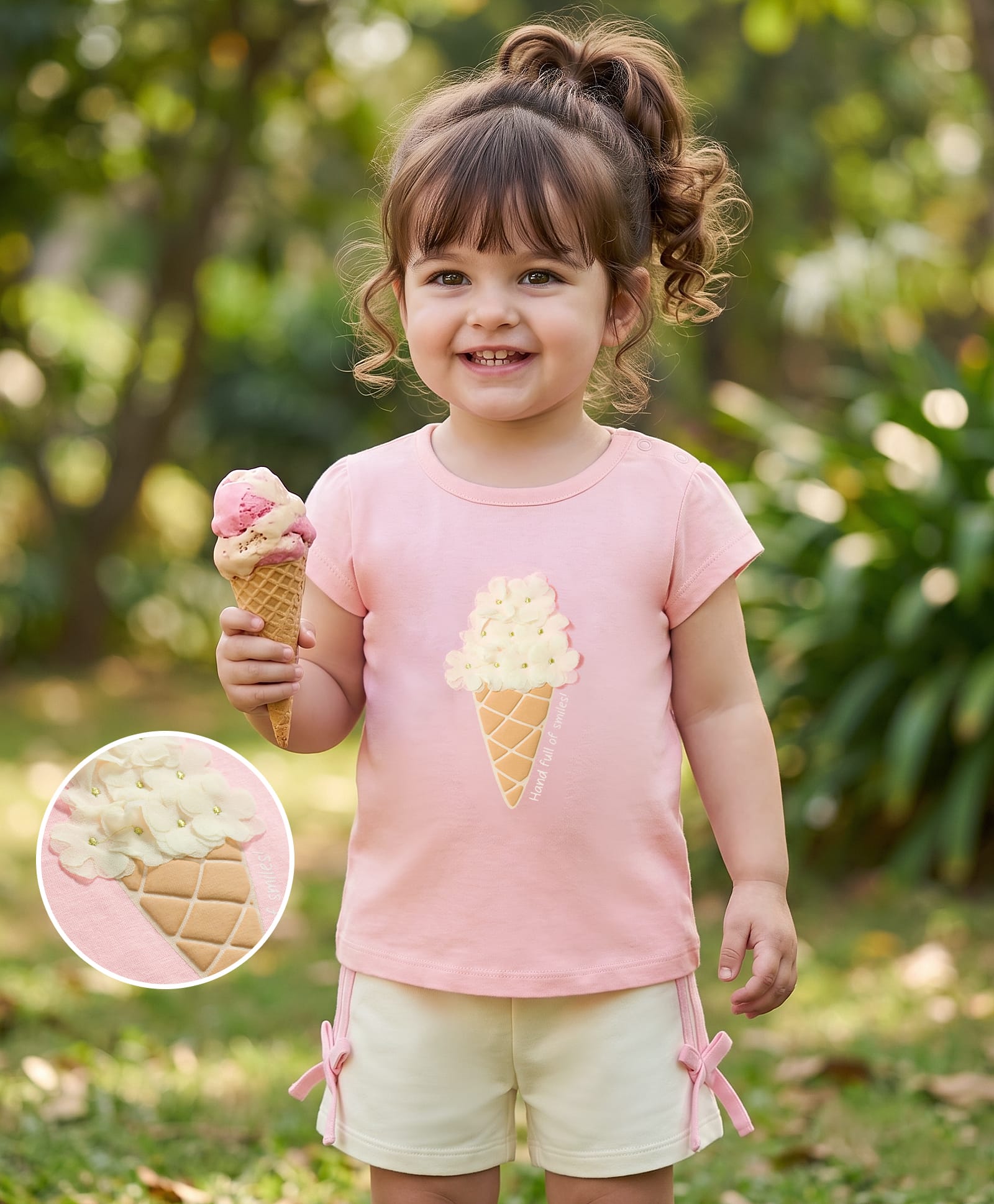 Babyoye Single Jersey Knit Half Sleeves T-Shirt & Shorts Set with Floral Applique - Multicolor-image-40