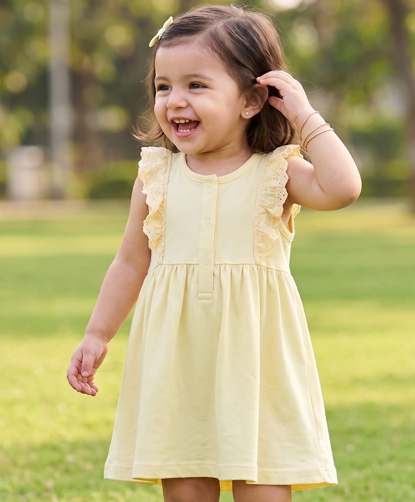 Babyoye Single Jersey Knit Sleeveless Frock with Schiffli Detailing - Light Yellow-image-34