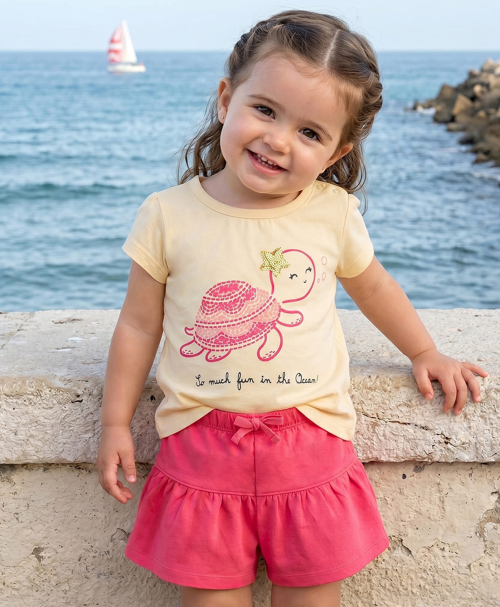 Babyoye Single Jersey Knit Half Sleeves Top & Shorts Set with Turtle Print - Coral-picture-23