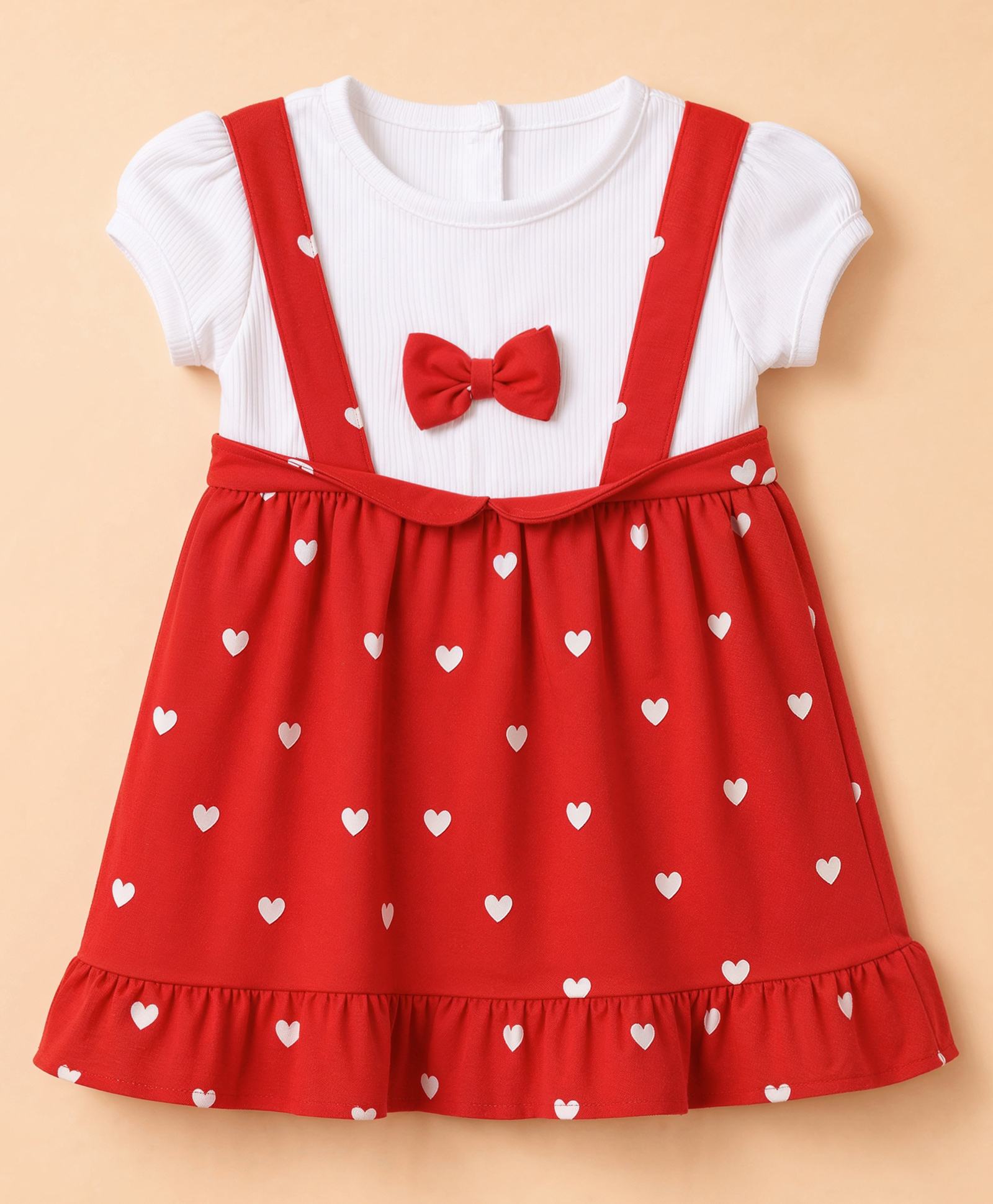 Babyhug Single Jersey Knit Half Sleeves Pinafore Dress with Hearts Print & Bow Applique - Red-image-10