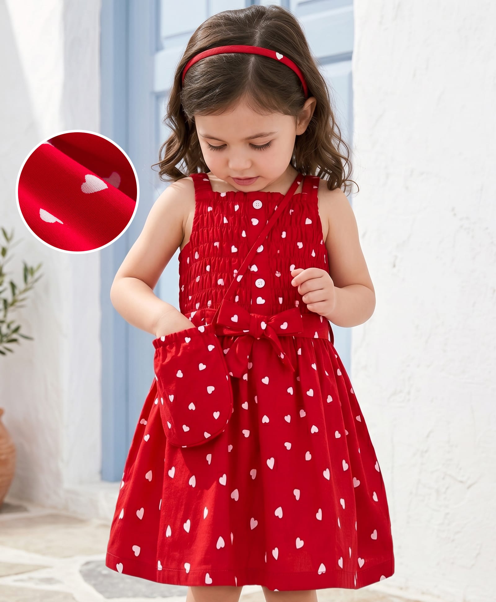 Mark & Mia Cotton Woven Sleeveless Hearts Printed Frock With Smocking Details & Sling Bag - Red-image-32