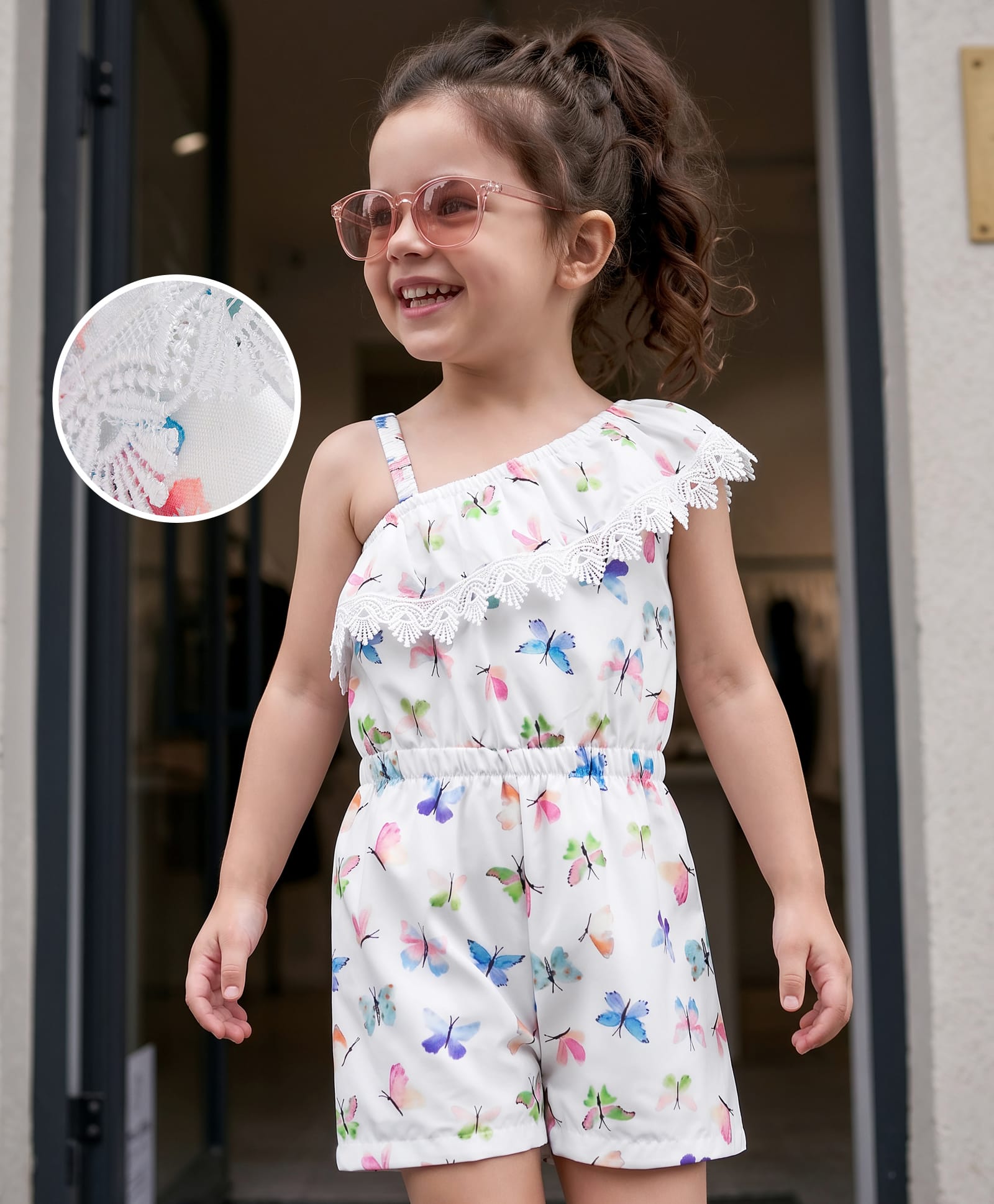 Mark & Mia Cotton Woven Sleeveless Butterfly Printed Jumpsuit with Lace Detailing - White-image-3