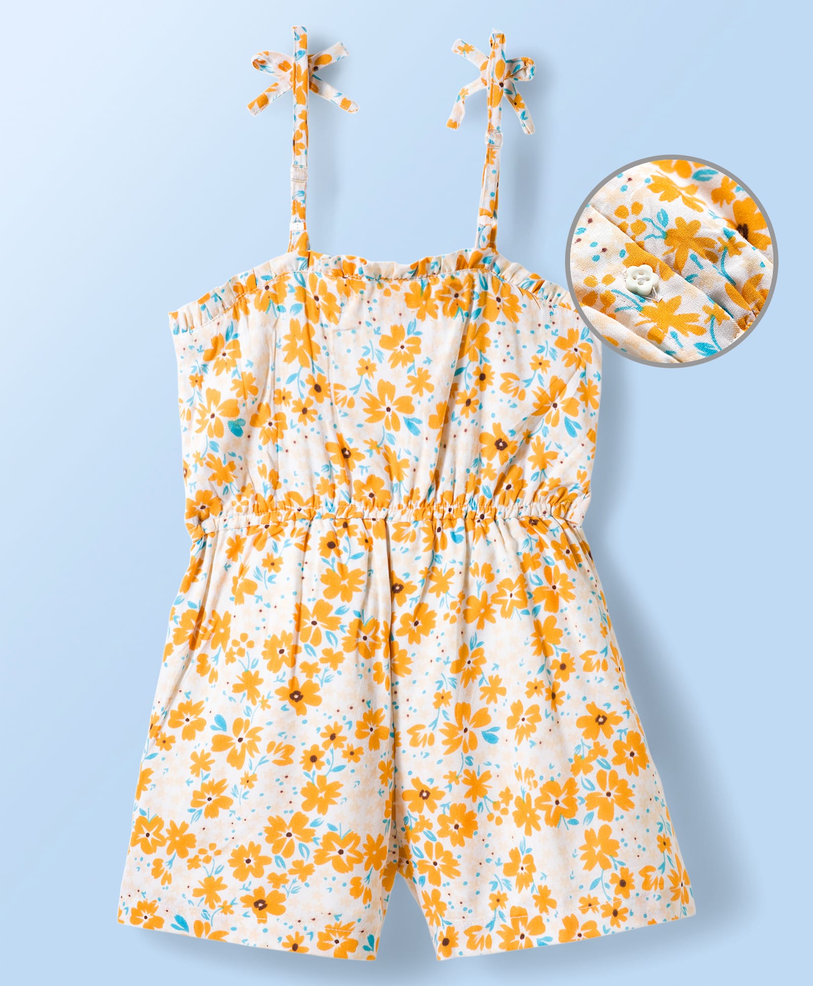 Mark & Mia Cotton Woven Sleeveless Jumpsuit With Bow Detailing & Floral Print - Mustard-image-20
